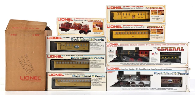 LOT OF 8: LIONEL ROCK ISLAND & PEORIA AND GENERAL LOCO'S W/ PASSENGER CARS