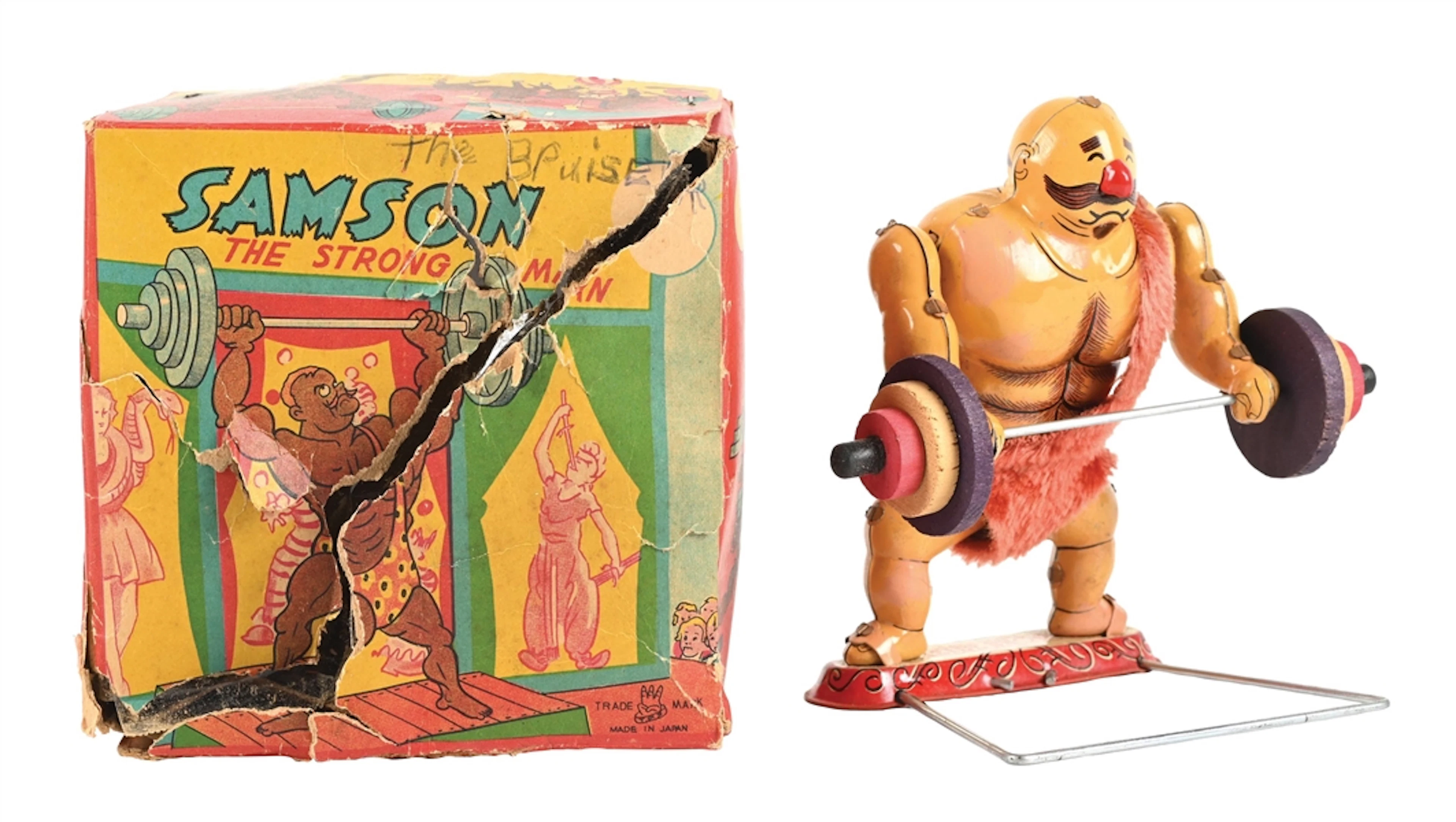 TPS “SAMSON THE STRONG MAN” TIN-LITHOGRAPHED WIND-UP TOY WITH ORIGINAL BOX.