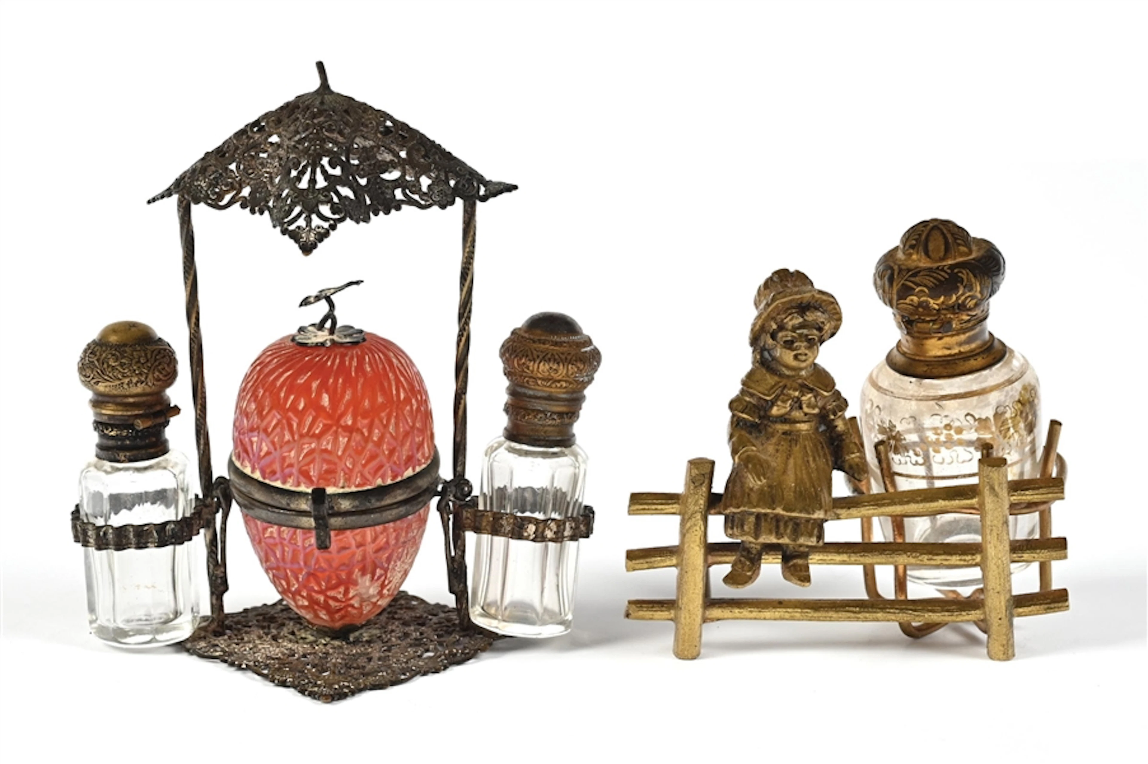 LOT OF 2: GIRL ON FENCE & STRAWBERRY SHAPED PERFUME BOTTLE STANDS
