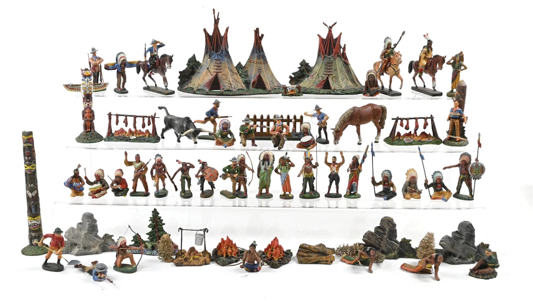 63-PIECE HAUSSER ELASTOLIN AMERICAN INDAIN CAMP WITH ATTACKING COWBOYS