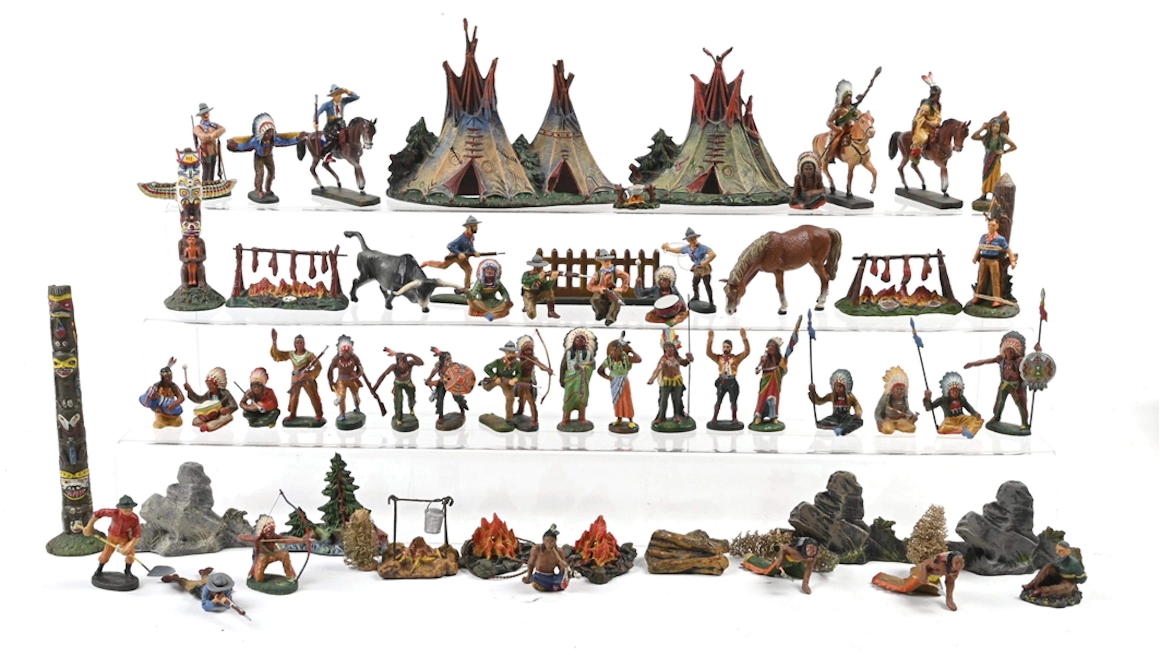 63-PIECE HAUSSER ELASTOLIN AMERICAN INDAIN CAMP WITH ATTACKING COWBOYS