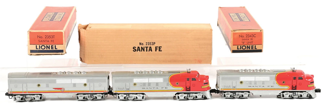 LOT OF 3: POST-WAR LIONEL O-GA. NO. 2353 SANTA FE F-3 ABA UNIT DIESEL