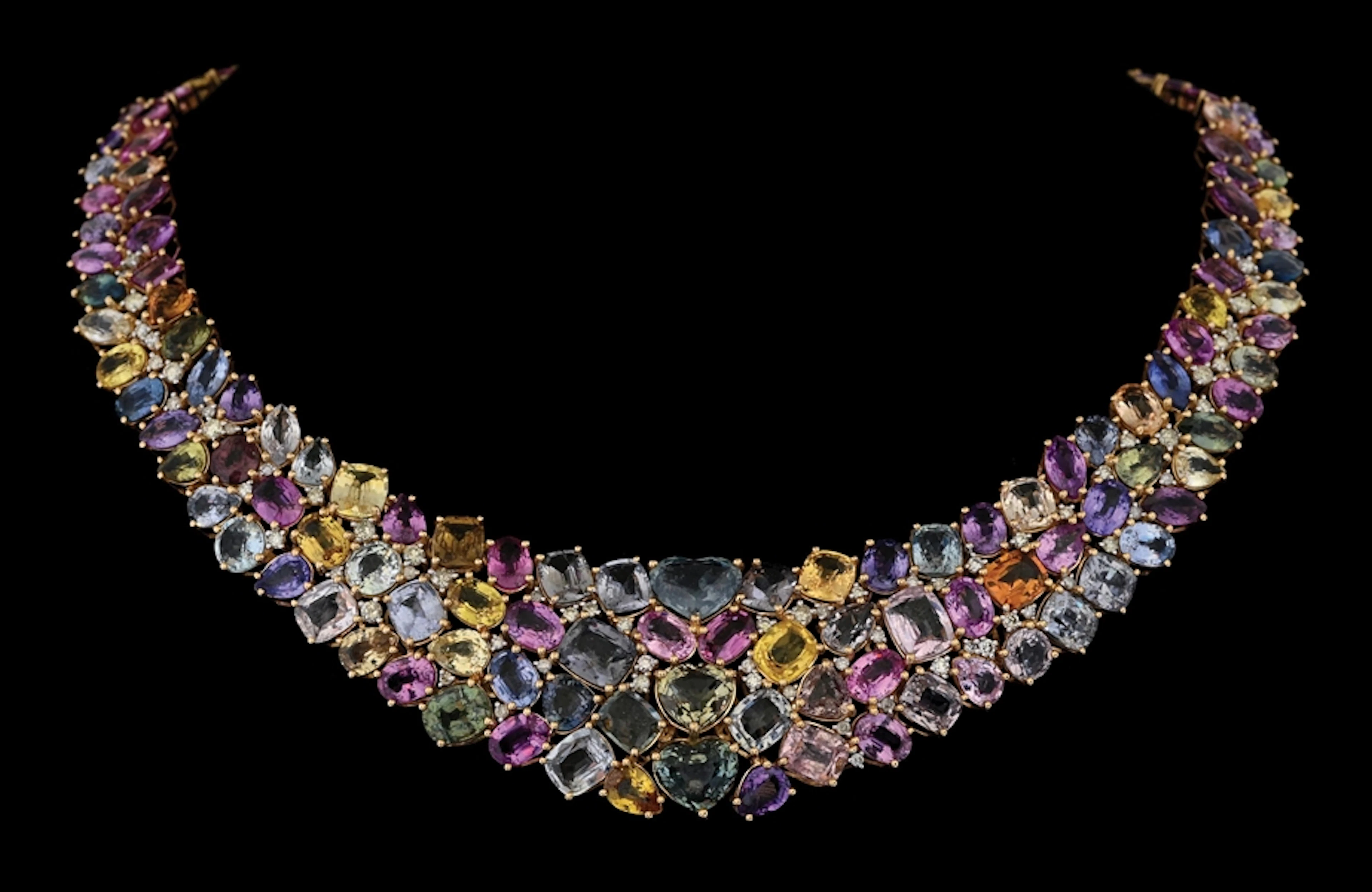 14K GOLD MULTI-COLOR SAPPHIRE & DIAMOND NECKLACE W/GIA REPORT