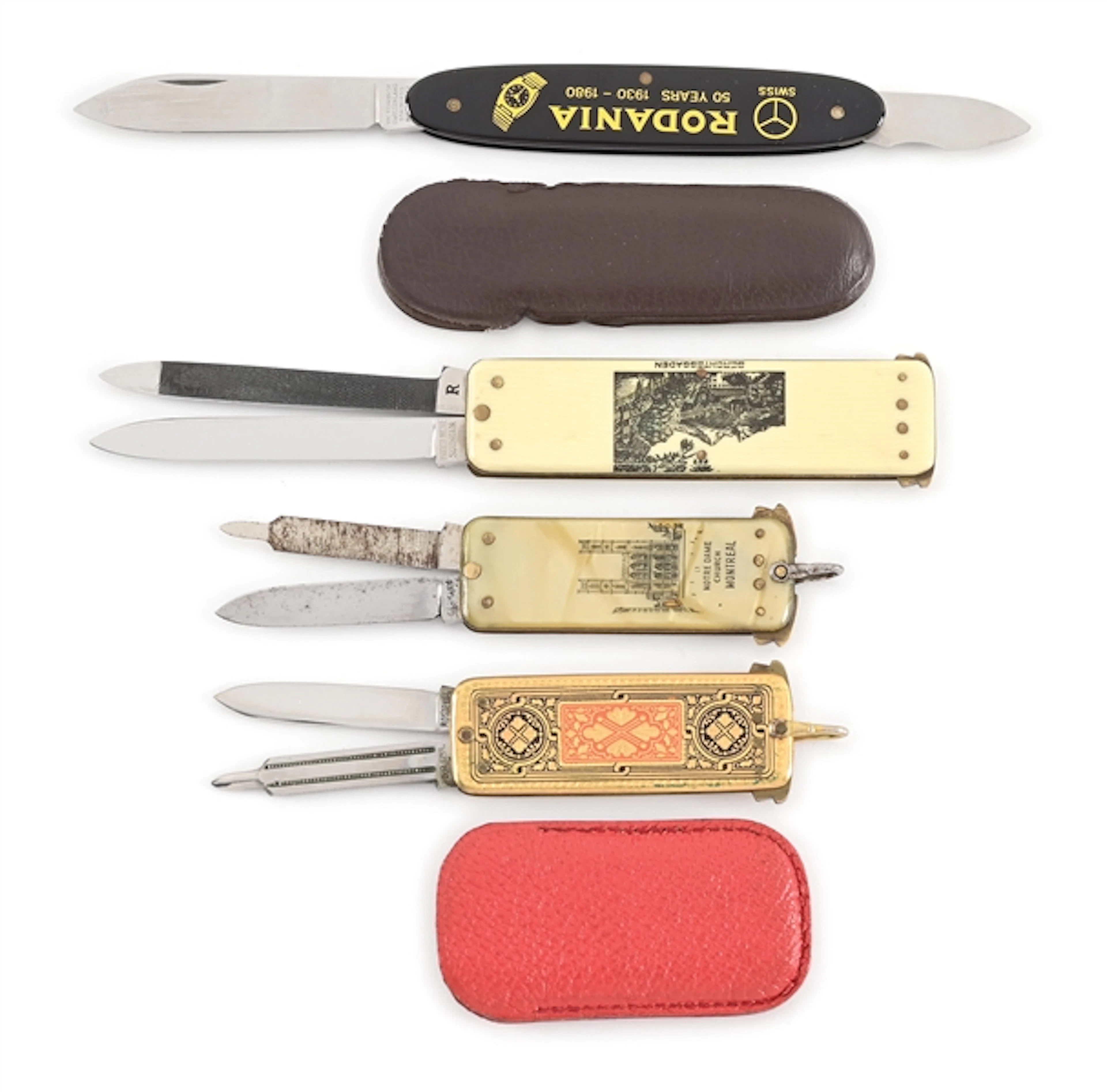 LOT OF 4: VICTORINOX AND GERMANY POCKET KNIVES AND TAB LOCK SWITCHBLADES.