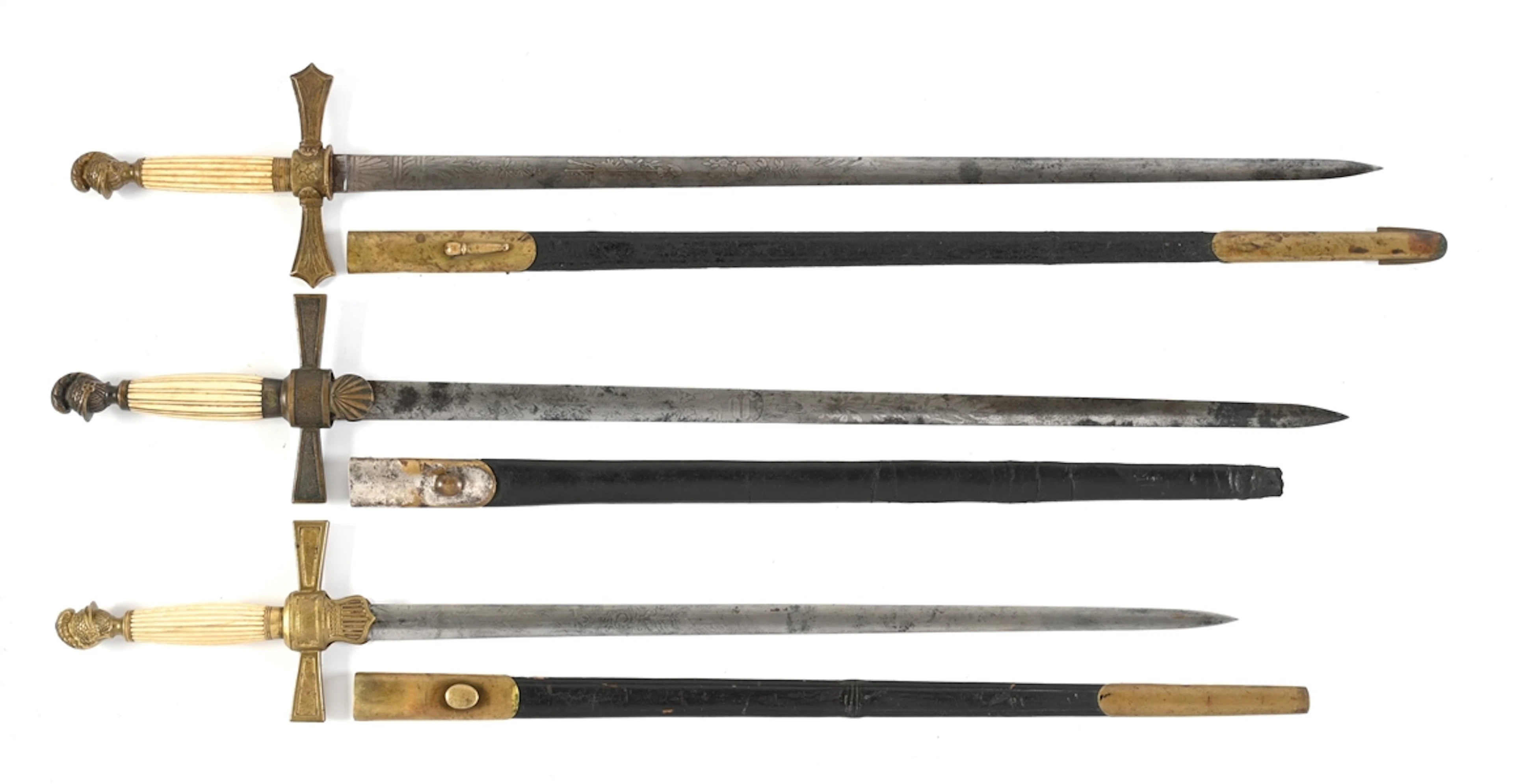 LOT OF 3: US PRE-CIVIL WAR KNIGHT HEAD POMMEL MILITIA NCO SWORDS.