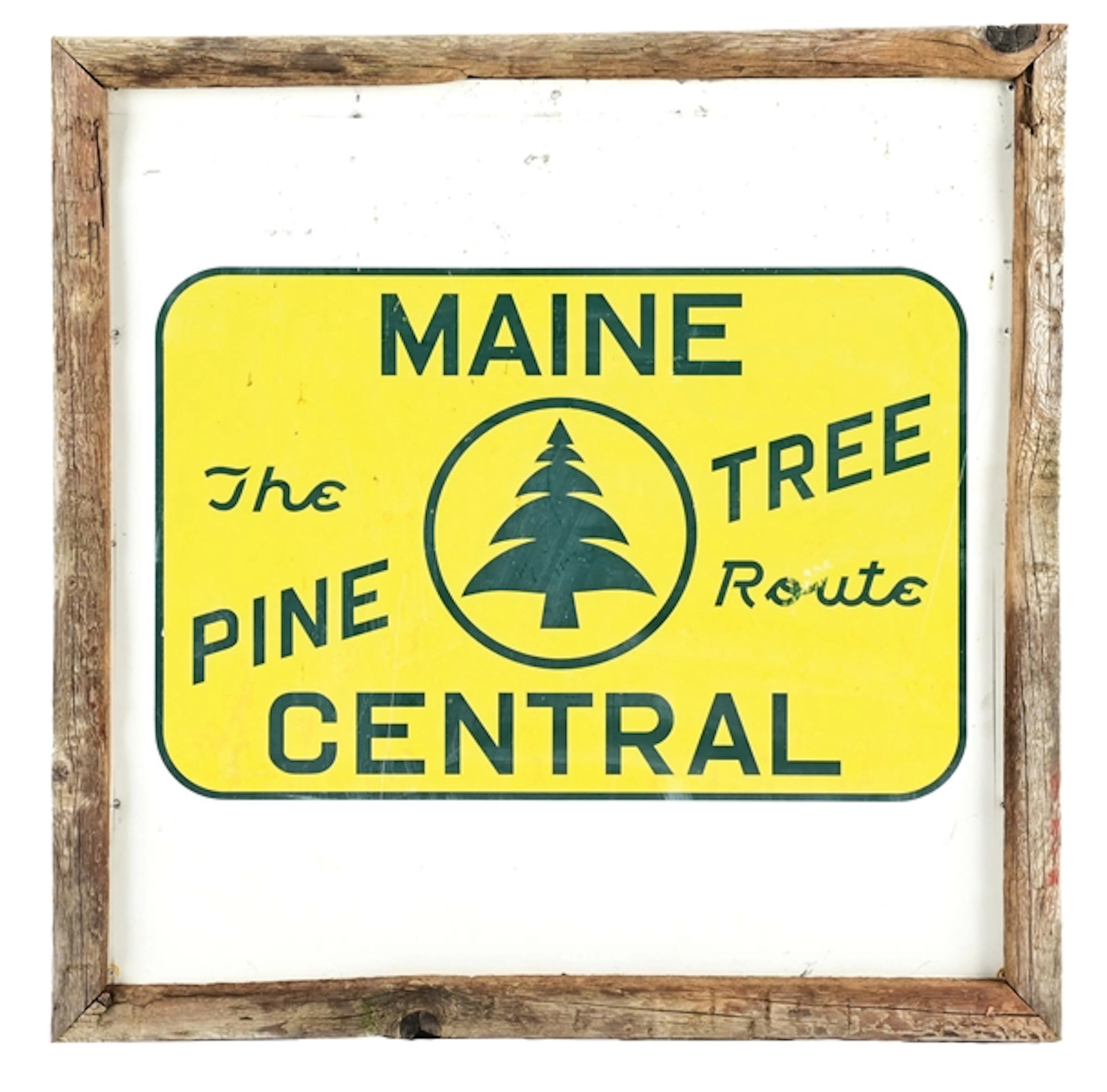 MAINE CENTRAL THE PINE TREE ROUTE TIN RAILROAD SIGN WITH WOOD FRAME