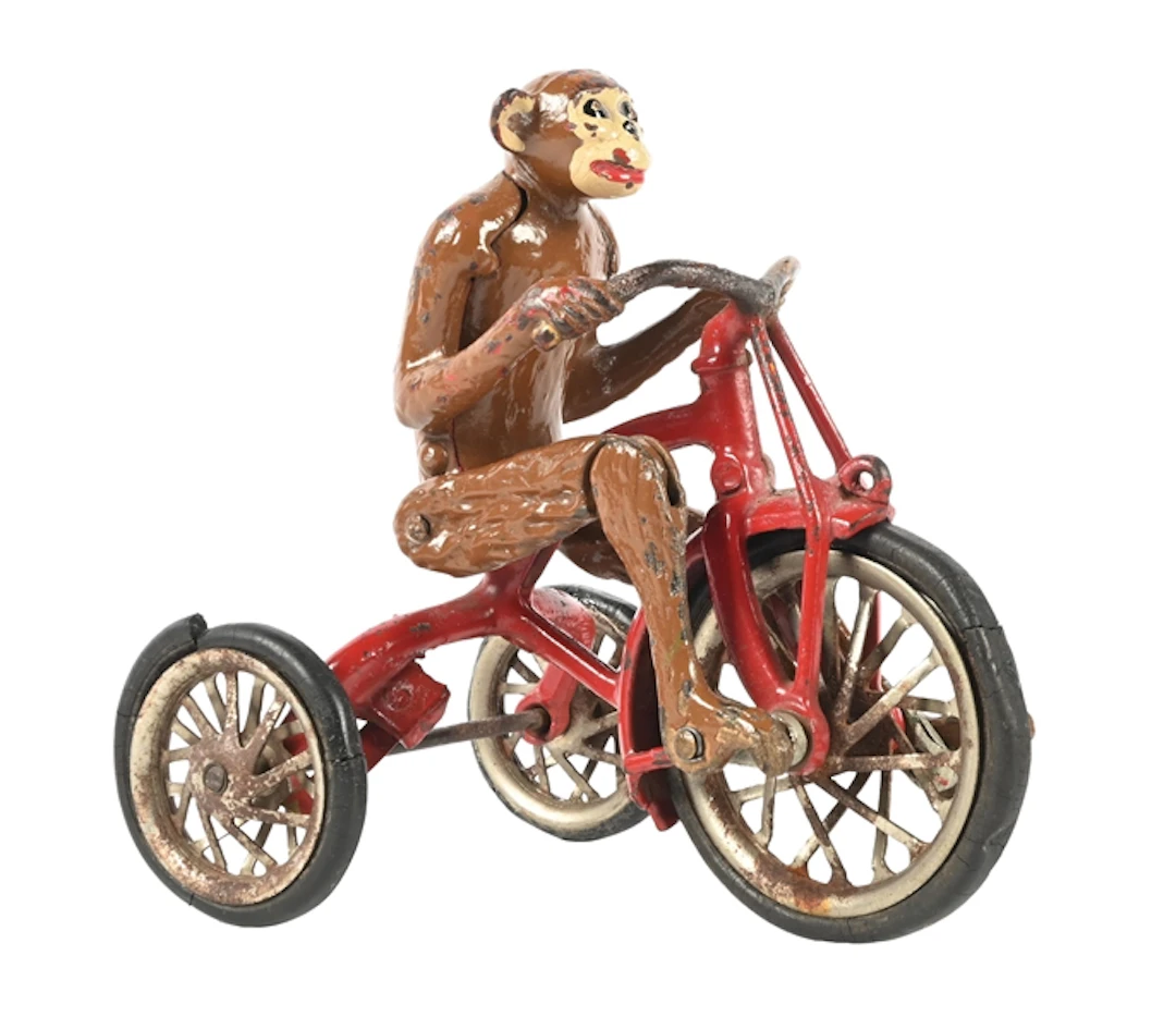 HUBLEY MFG. CO. CAST IRON MONKEY RIDING TRICYCLE TOY & PARTS