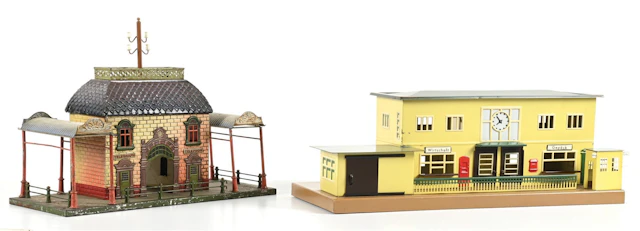 LOT OF 2: MARKLIN & BING PAINTED TIN TRAIN STATIONS