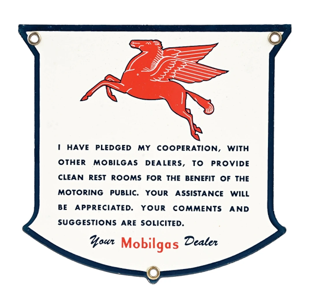 OUTSTANDING MOBILGAS DEALER CLEAN REST ROOMS PLEDGE PORCELAIN SHIELD SIGN