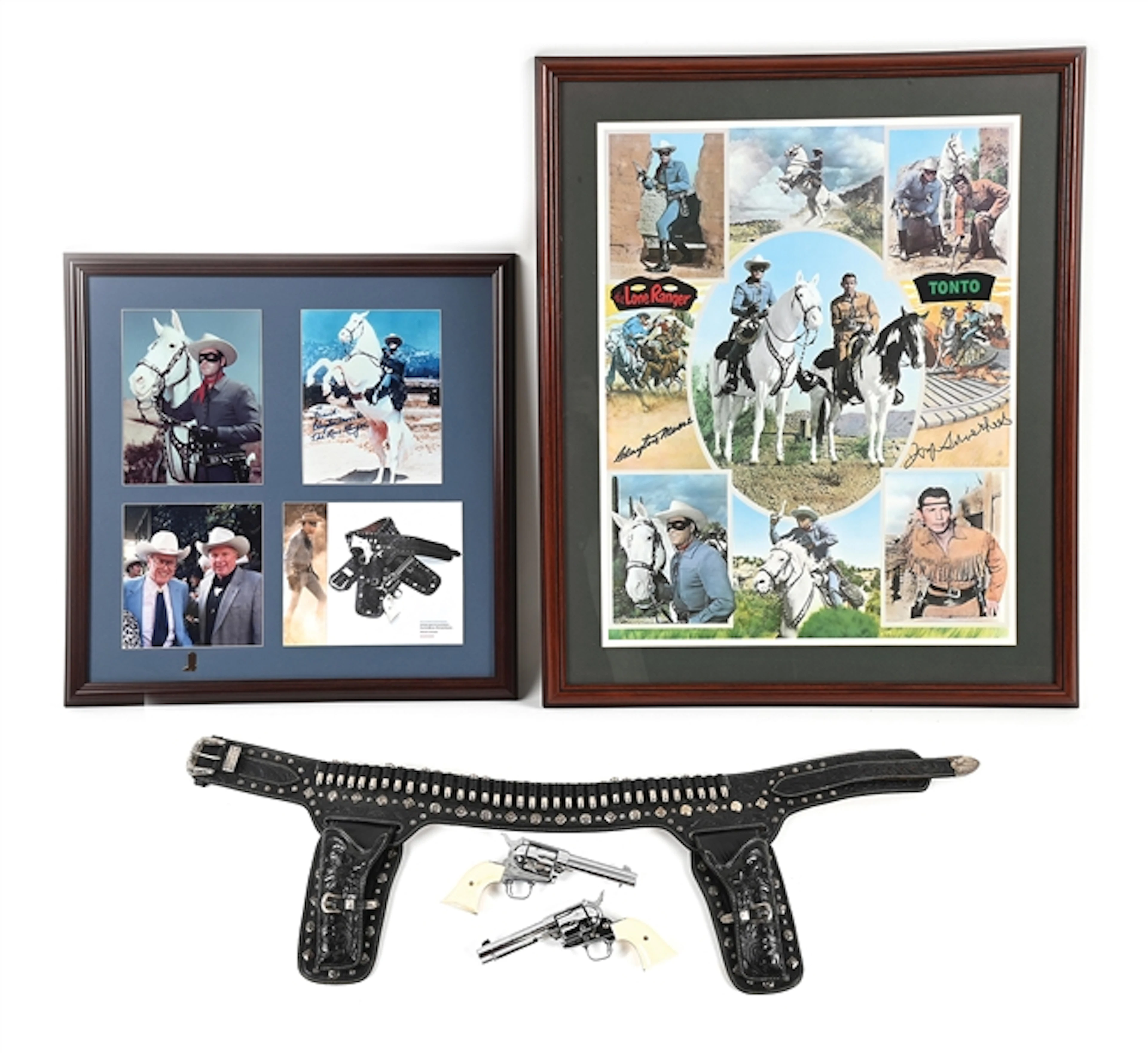 LONE RANGER LOT OF 2 COLTS, RIG, & 2 FRAMED AUTOGRAPHED PHOTOS