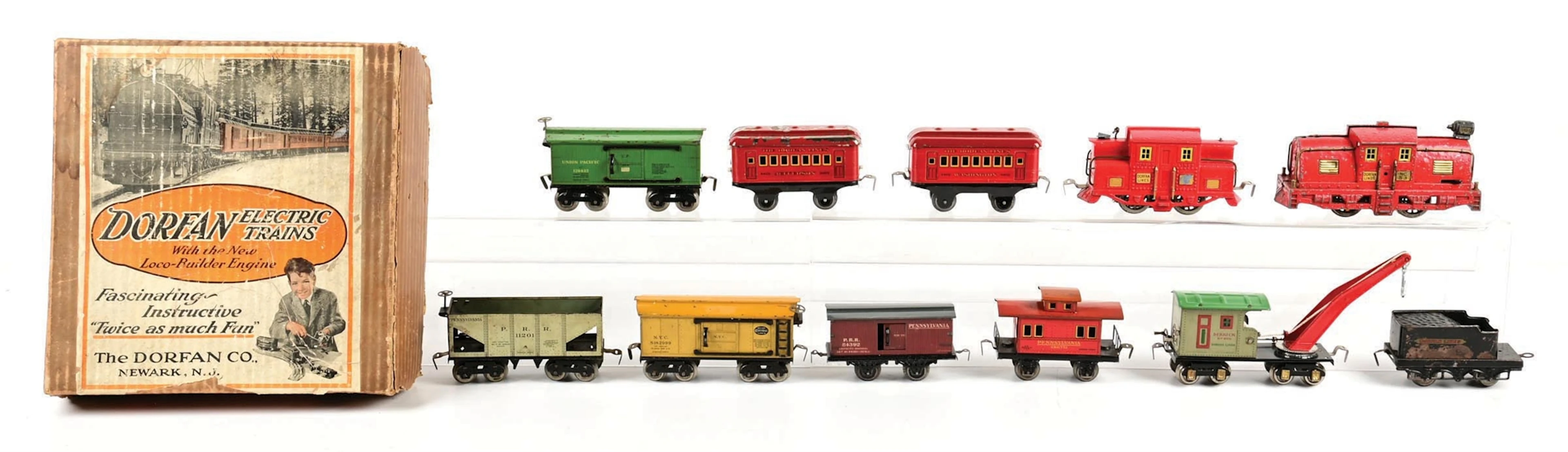 PRE-WAR DORFAN O-GA. ELECTRIC LOCOMOTIVE PASSENGER SET W/ EXTRA LOCOMOTIVE