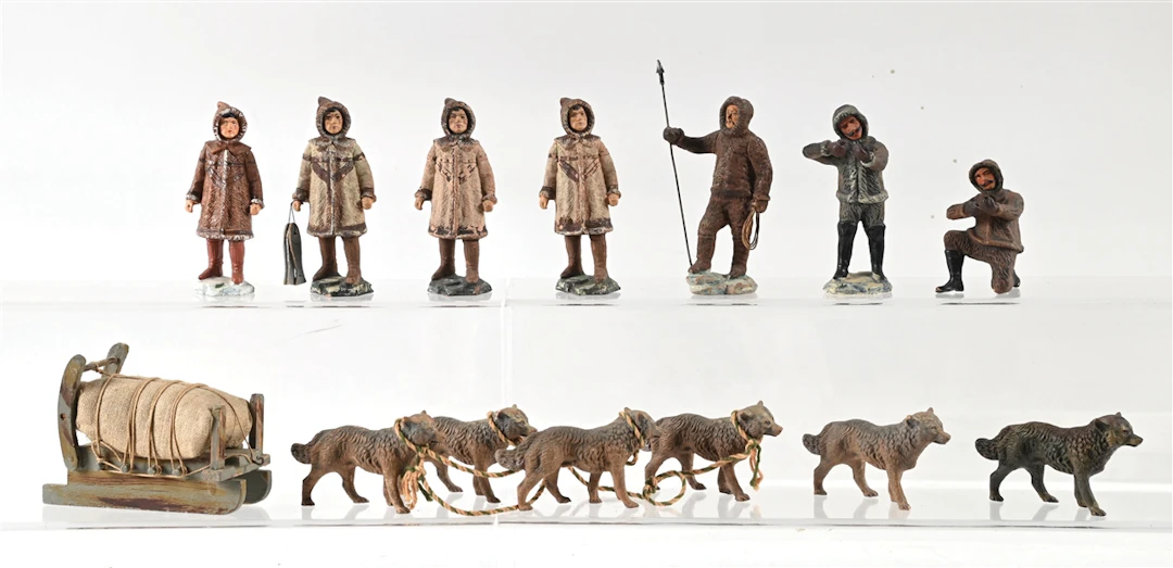 TIPPLE-TOPPLE ARCTIC DOG SLED W/ ESKIMOS, 14 PIECES
