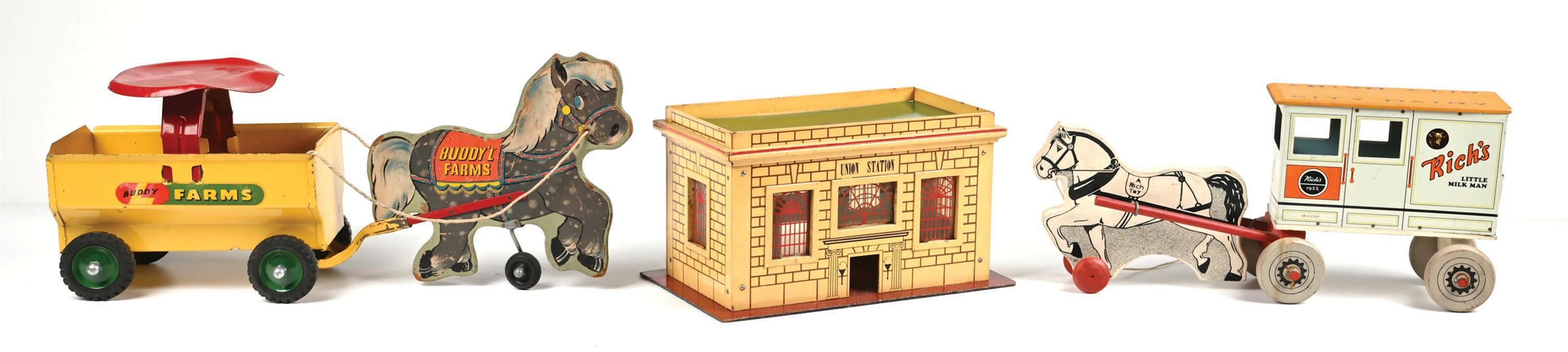LOT OF 3: RICH TOYS UNION STATION, LITTLE MILK MAN HORSE-DRAWN WAGON