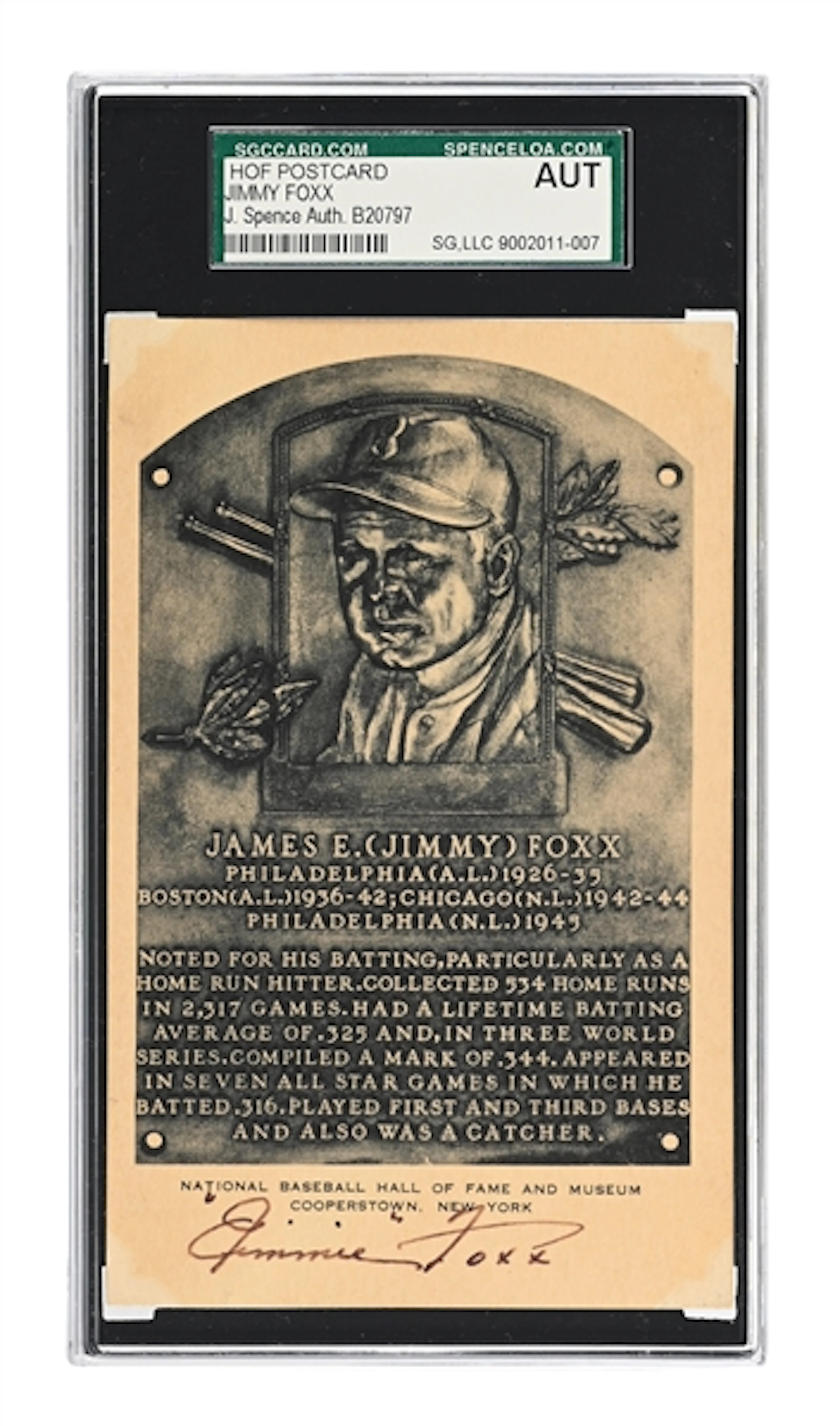 JIMMY FOXX SIGNED HOF PLAQUE JSA