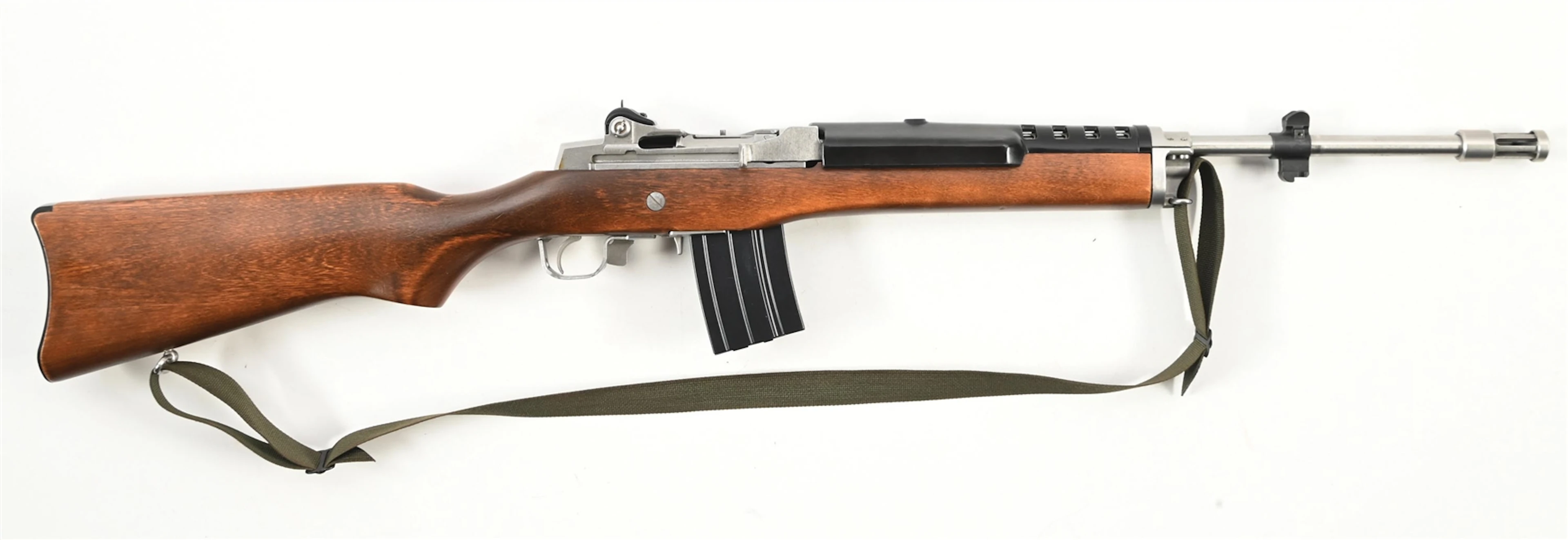 (M) STAINLESS RUGER MINI-14 SEMI-AUTOMATIC RIFLE.