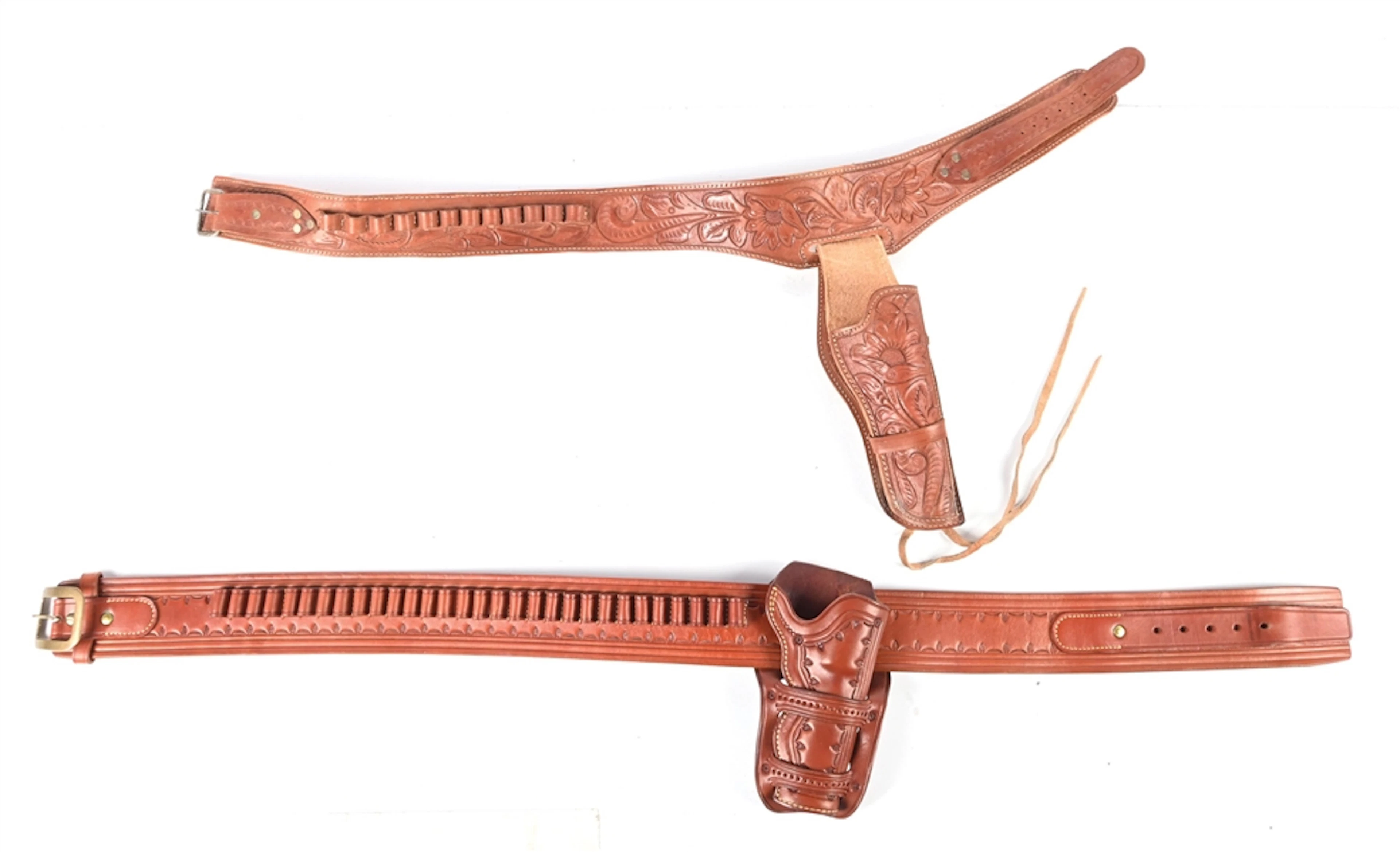 LOT OF 2: QULITY RUSSET LEATHER SINGLE HOLSTER REVOLVER BELT RIGS.