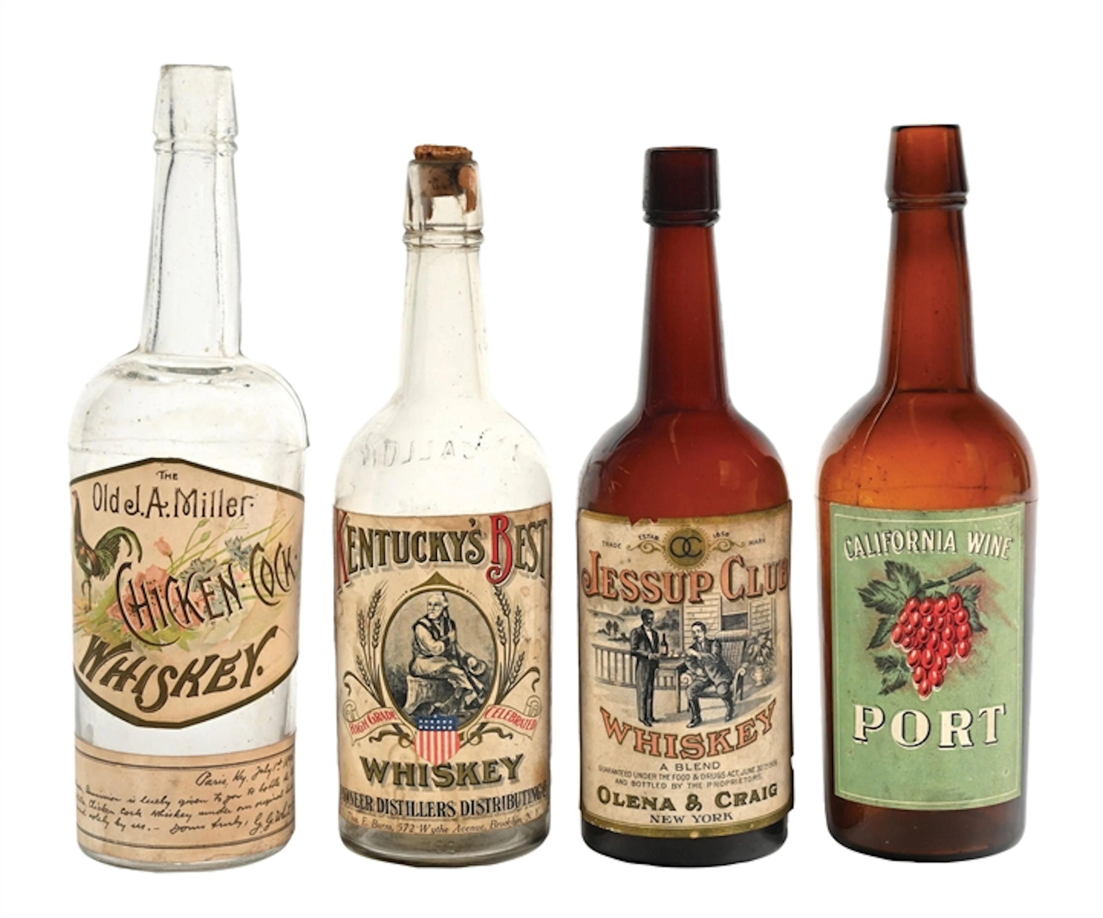 LOT OF 4: VARIOUS MAKERS WHISKEY AND CALIFORNIA PORT GLASS BOTTLES