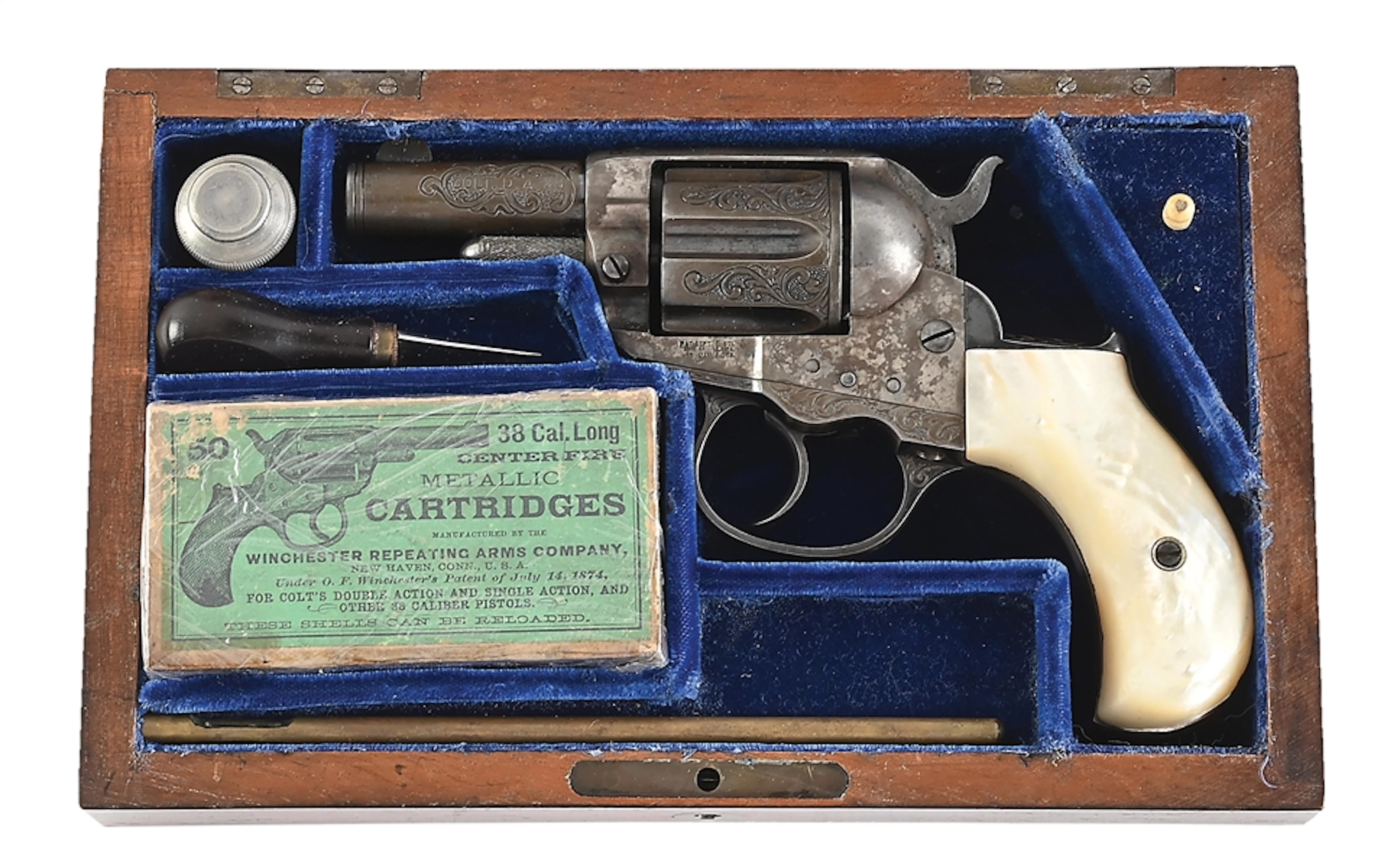 (A) CASED AND ENGRAVED COLT MODEL 1877 STOREKEEPER LIGHTNING .38 COLT