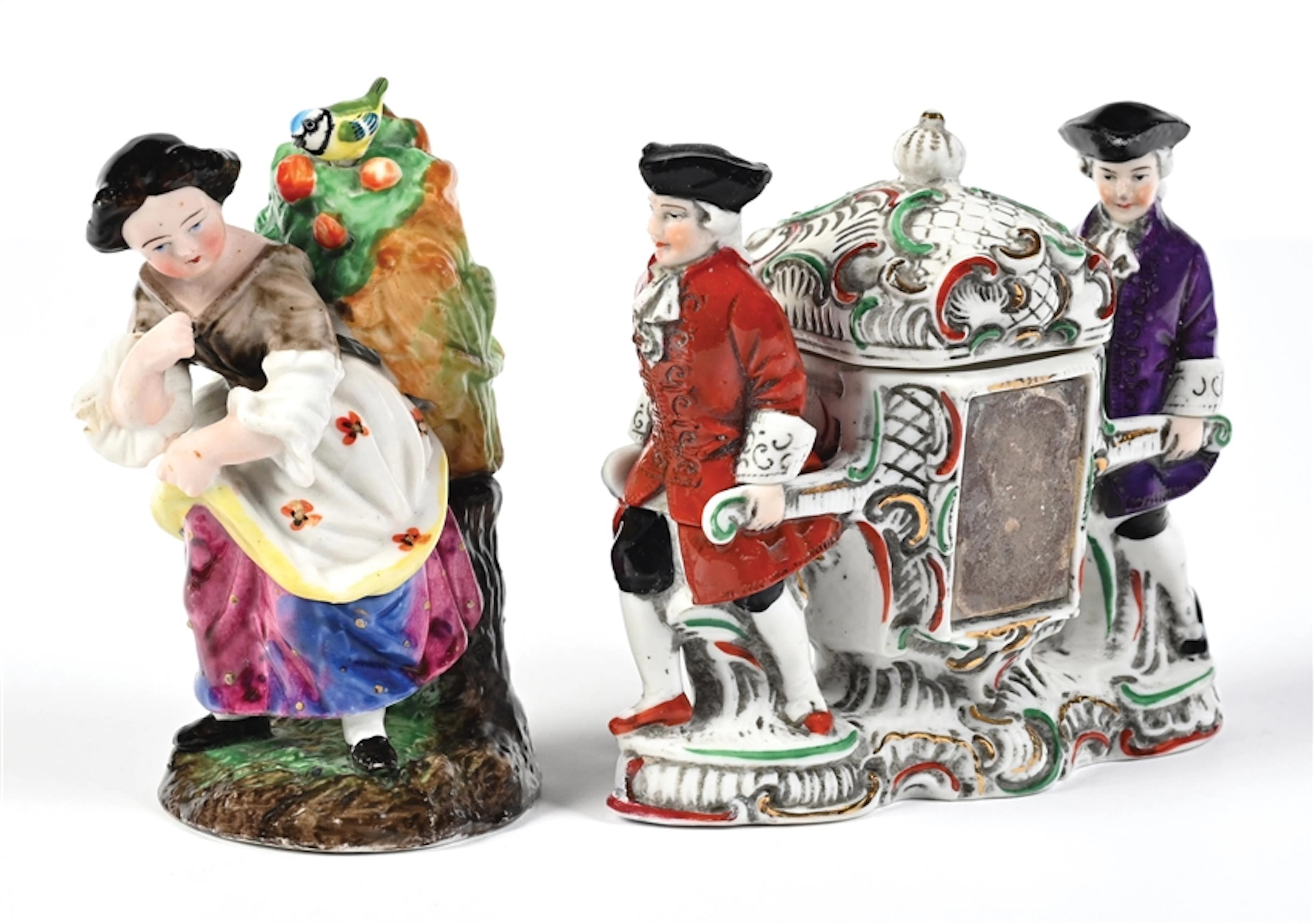 LOT OF 2: PORCELAIN FIGURAL PERFUME BOTTLE & HOLDER