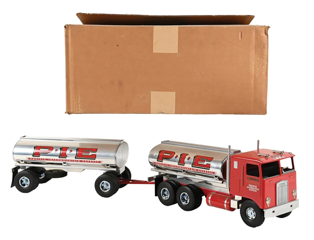 LOT OF 2: FRED THOMPSON SMITH MILLER P.I.E. TANKER TRUCK & TRAILER WITH BOX