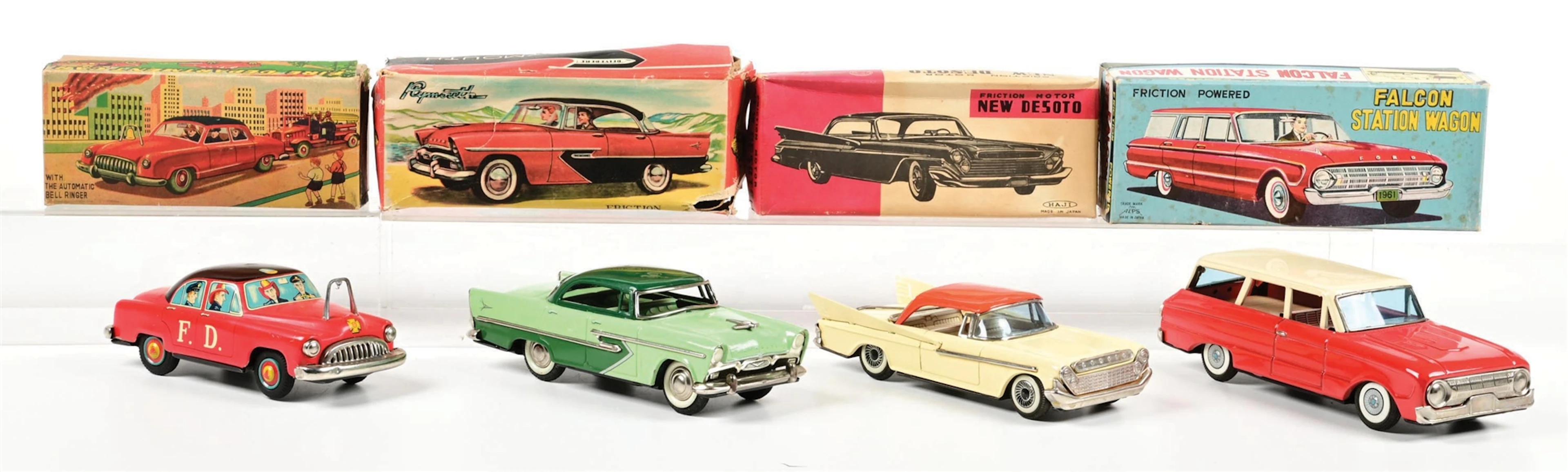 LOT OF 4: ASSORTED FRICTION POWERED TIN MODEL CARS W/ ORIGINAL BOXES