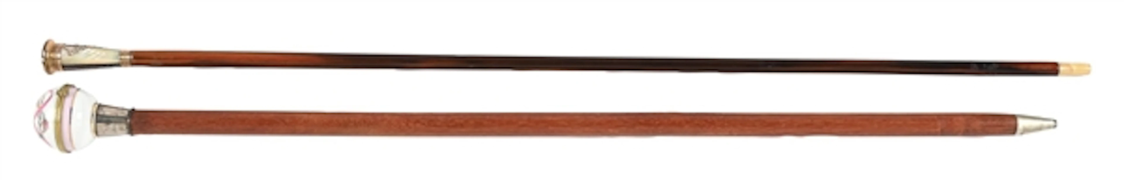 COLLECTION OF 2: PORCELAIN COMPARTMENT CANE & FANCY DRESS CANE
