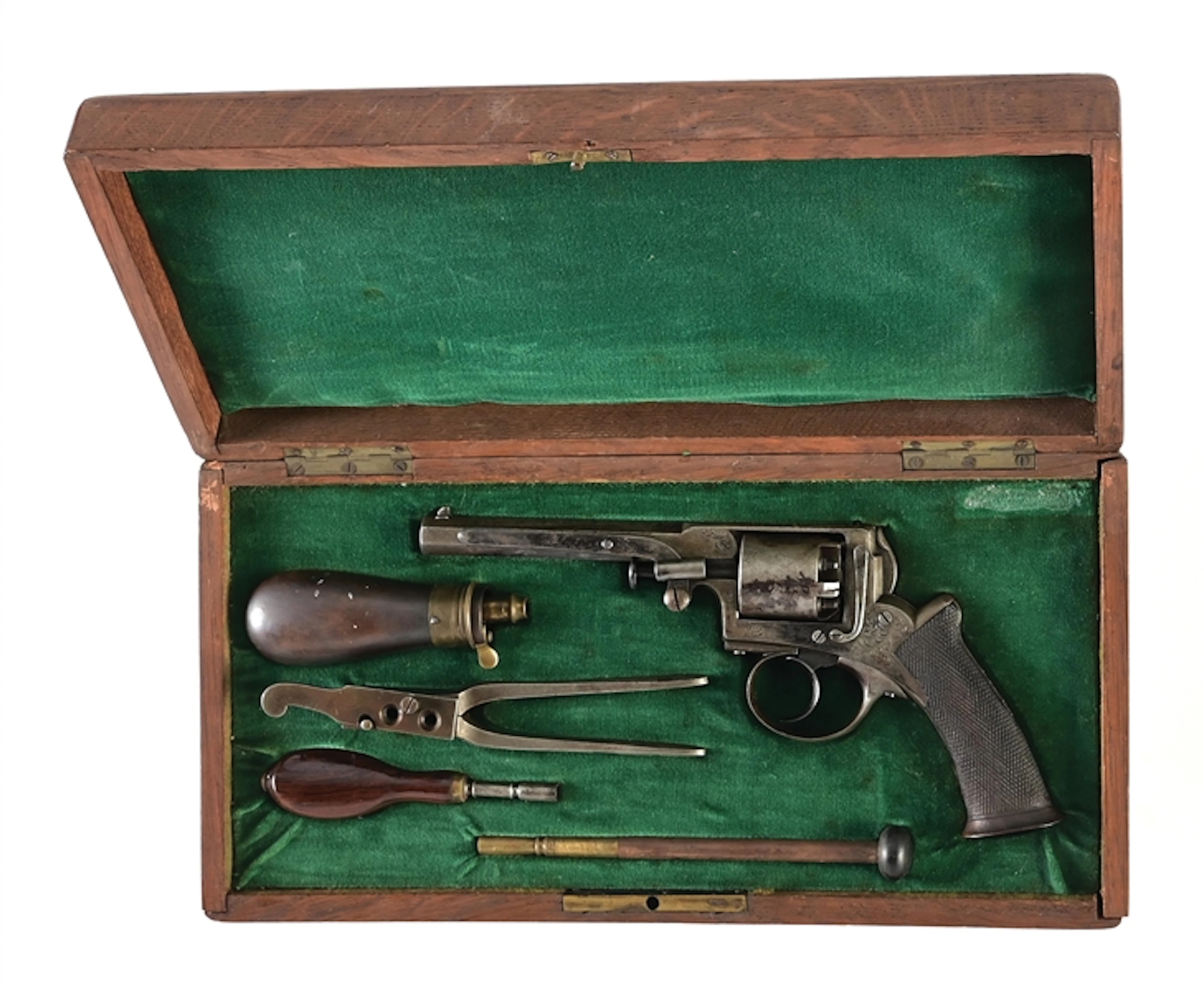 (A) ENGRAVED BELGIAN ADAMS PATENT PERCUSSION POCKET REVOLVER WITH CASE.