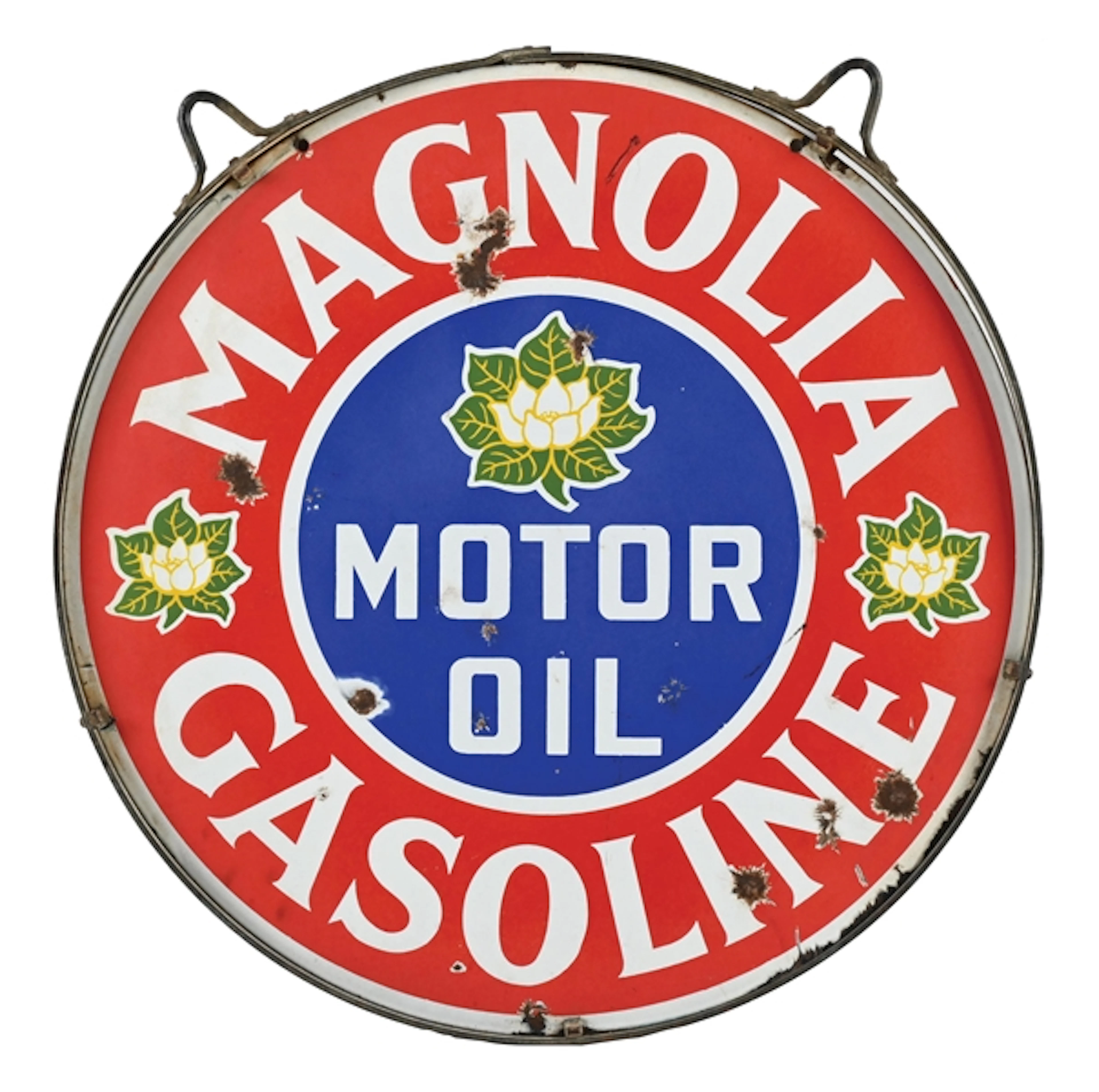 MAGNOLIA GASOLINE & MOTOR OIL PORCELAIN SIGN WITH ORIGINAL RING