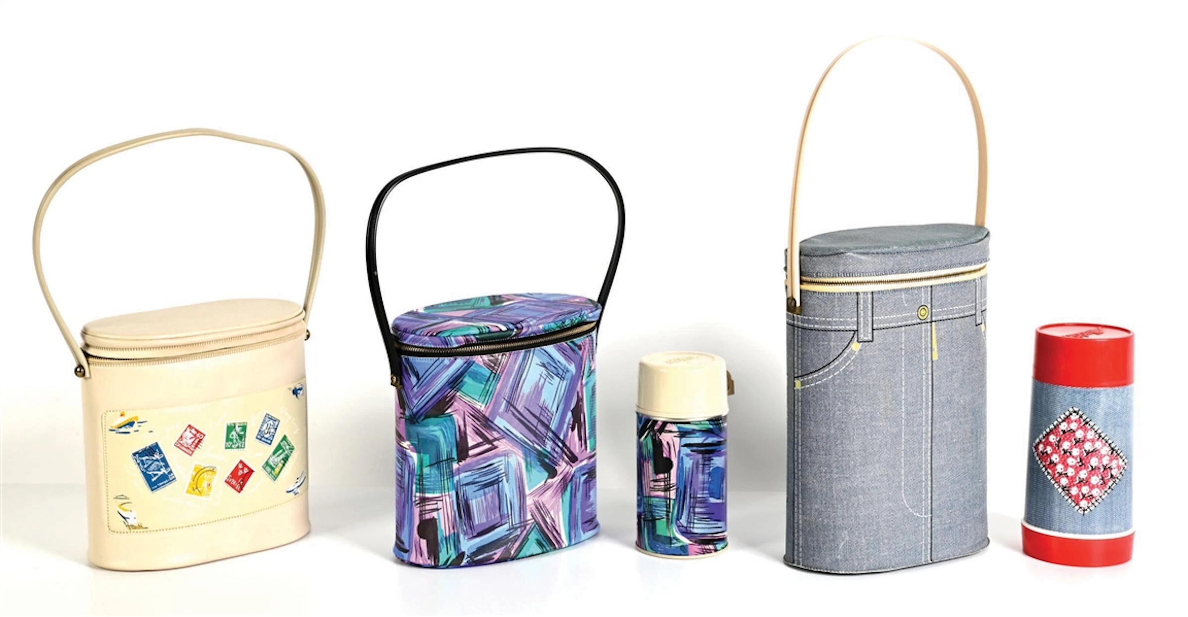 LOT OF 3: VINTAGE VINYL FASHION LUNCH/ BRUNCH BAGS WITH 2 THERMOSES