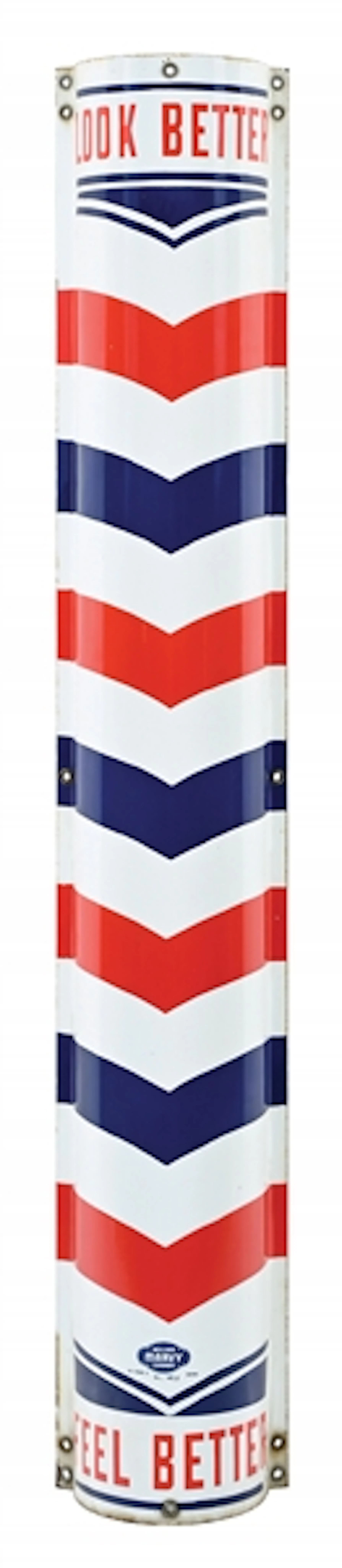 WILLIAM MARVY CO. LOOK BETTER FEEL BETTER CURVED PORCELAIN BARBER POLE SIGN