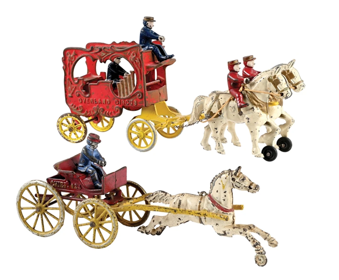 LOT OF 2: ANTIQUE CAST IRON HORSE-DRAWN CHIEF: 624 CART AND OVERLAND