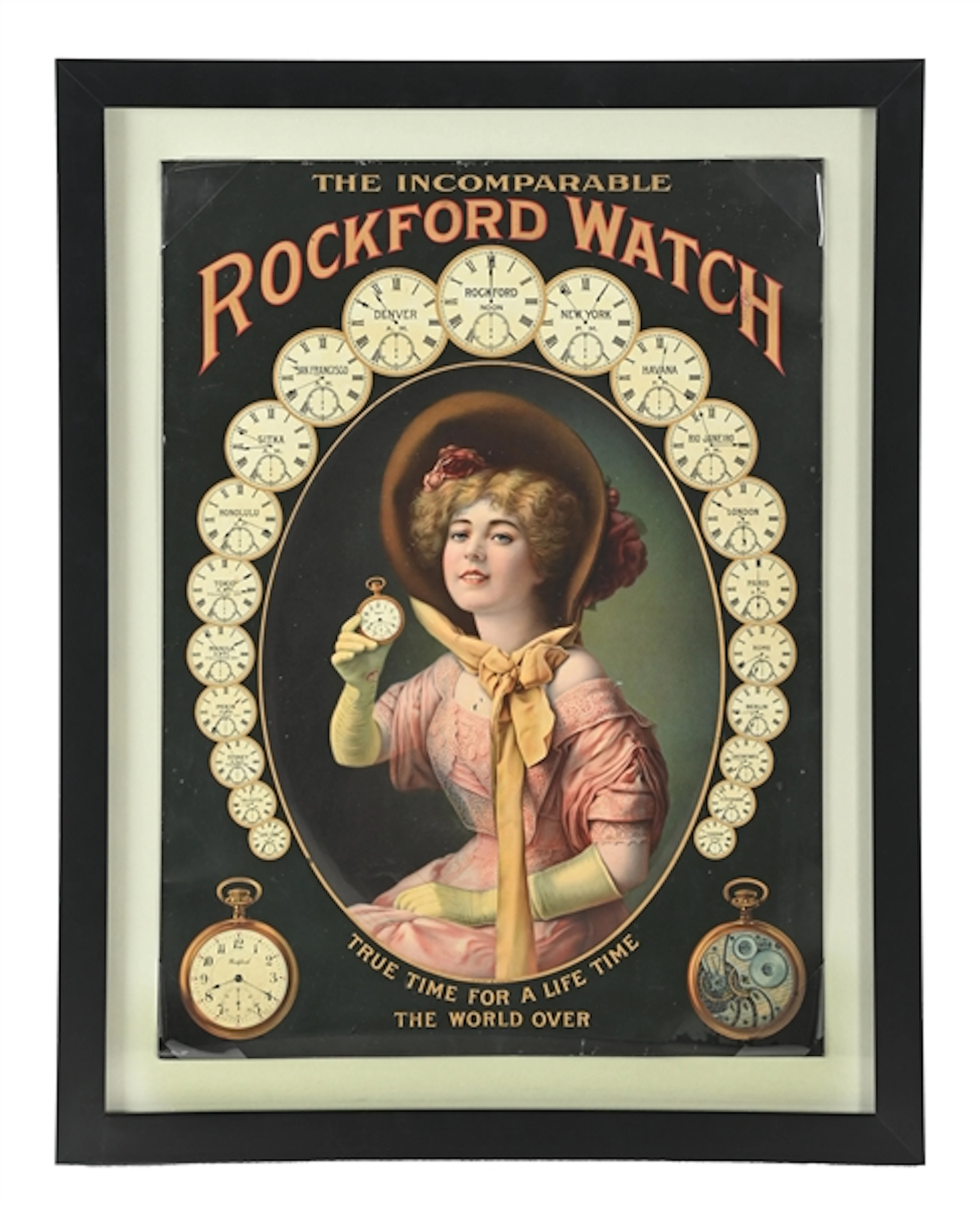 ROCKFORD WATCH TRUE TIME FOR A LIFE TIN OVER CARDBOARD SIGN