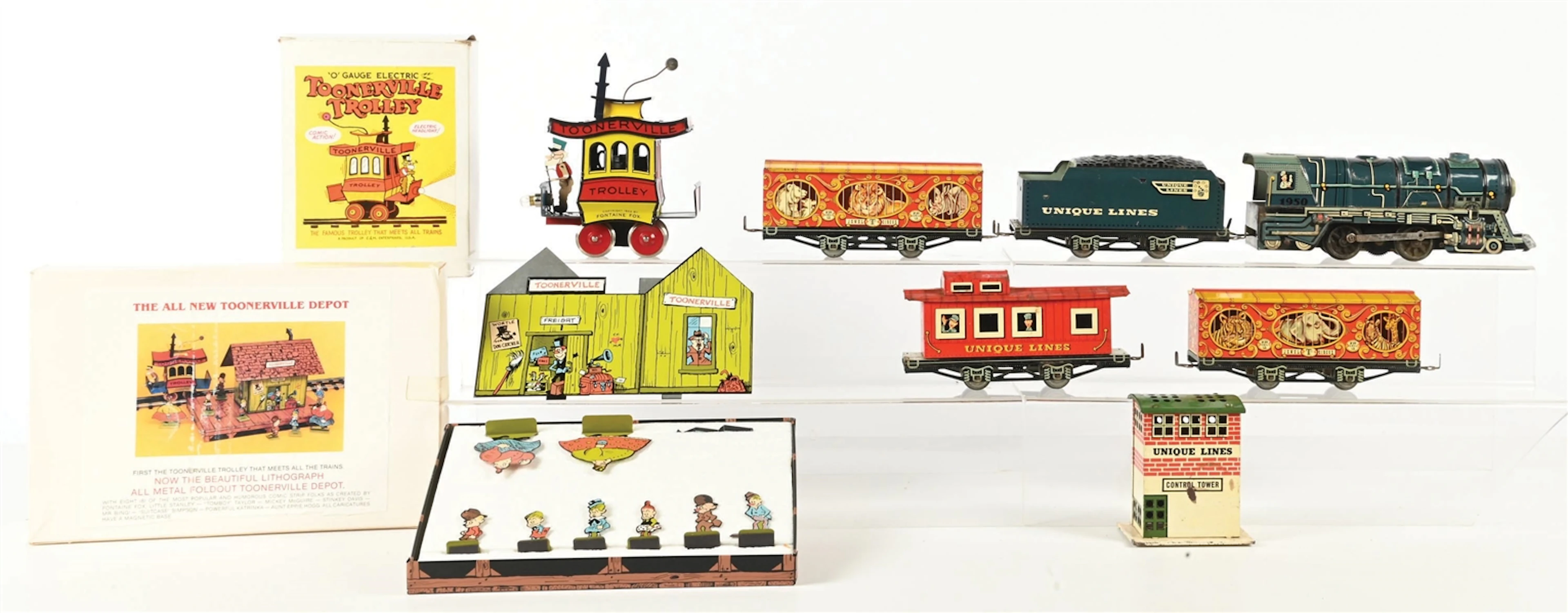 UNIQUE LINES JEWEL T CIRCUS TRAIN SET TOONERVILLE DEPOT AND TROLLEY