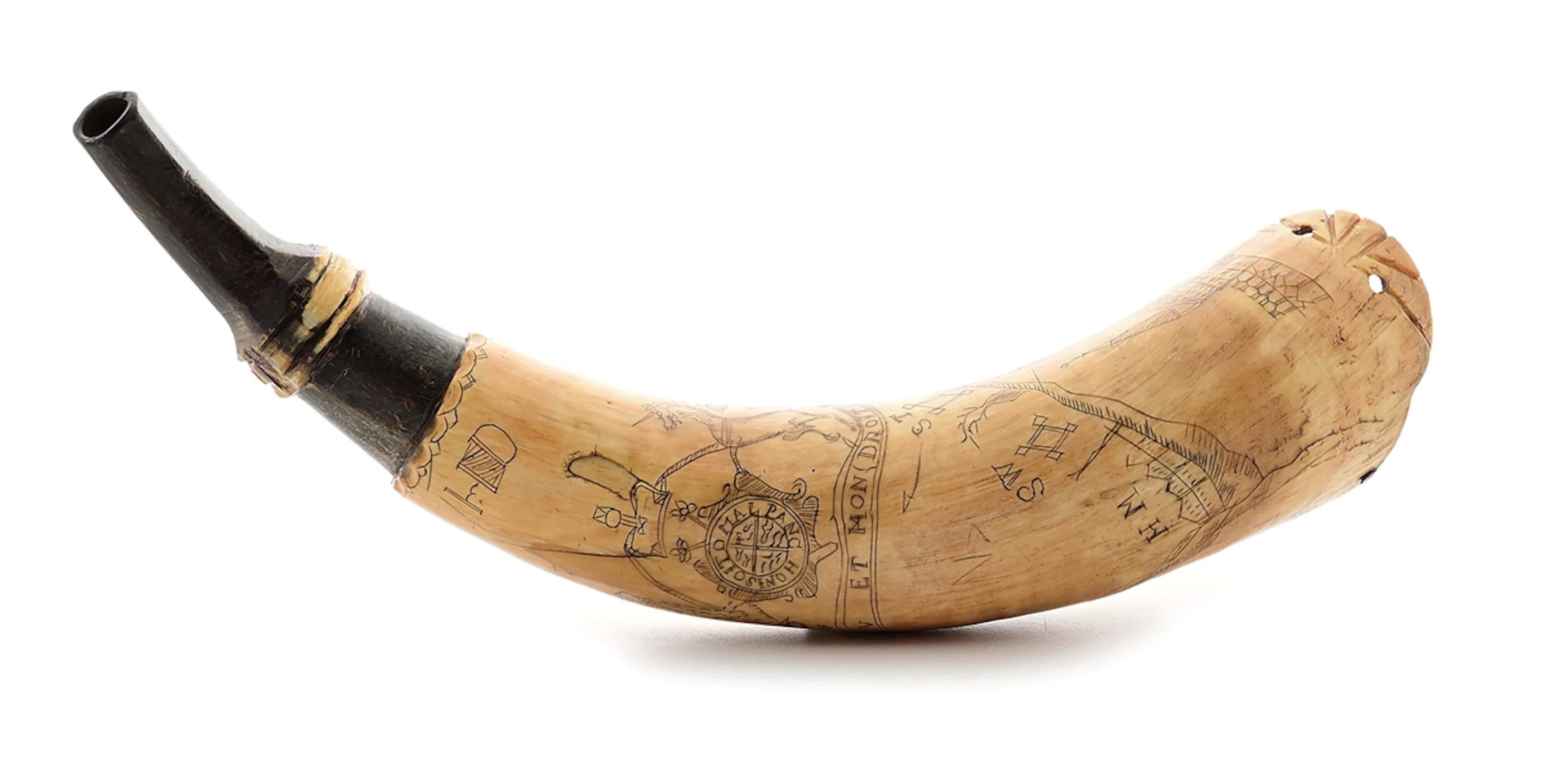 RARE ENGRAVED FRENCH AND INDIAN WAR NEW YORK MAP POWDER HORN FEATURING