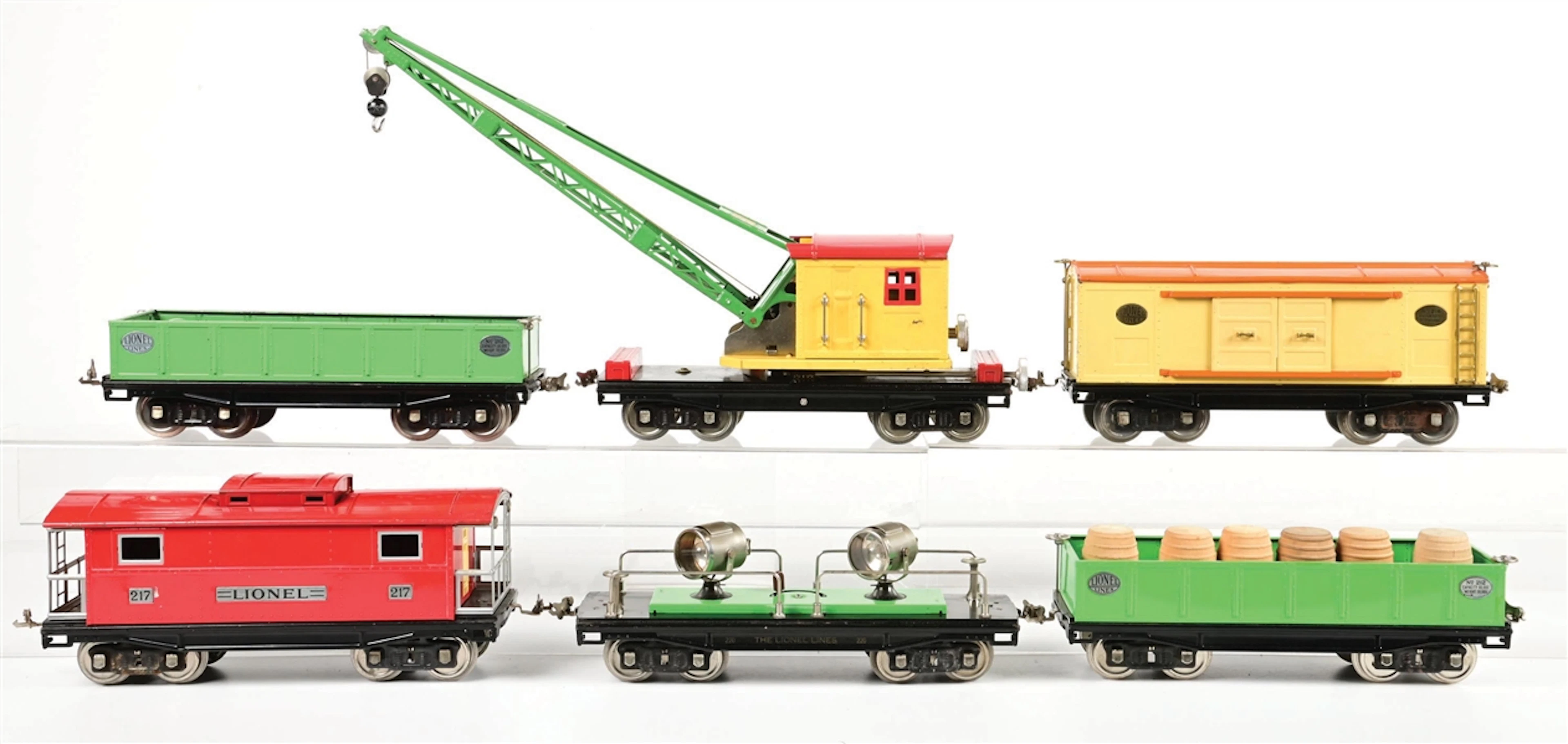 LOT OF 6: PRE-WAR LIONEL STANDARD GA. ASSORTED FREIGHT CARS W/ ORIGINAL BOXES