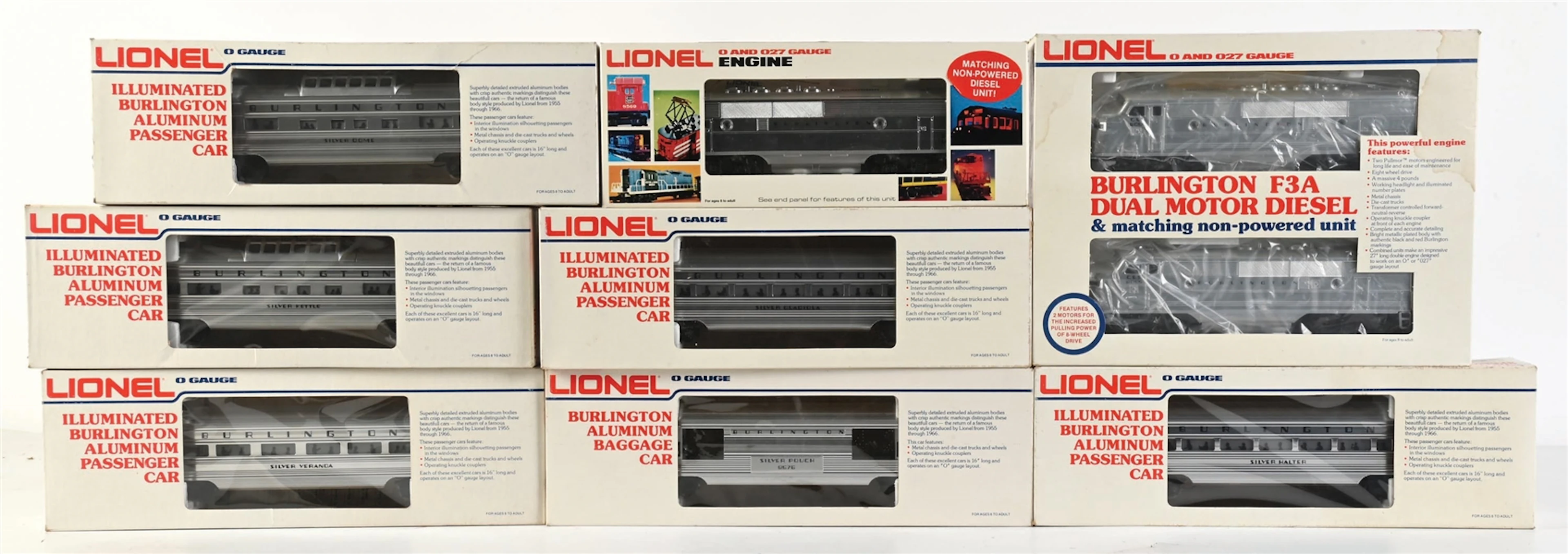 SET OF 8: LIONEL O-GA. BURLINGTON F-3A DUAL MOTOR DIESEL W/ ILLUMINATED