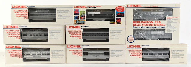 SET OF 8: LIONEL O-GA. BURLINGTON F-3A DUAL MOTOR DIESEL W/ ILLUMINATED