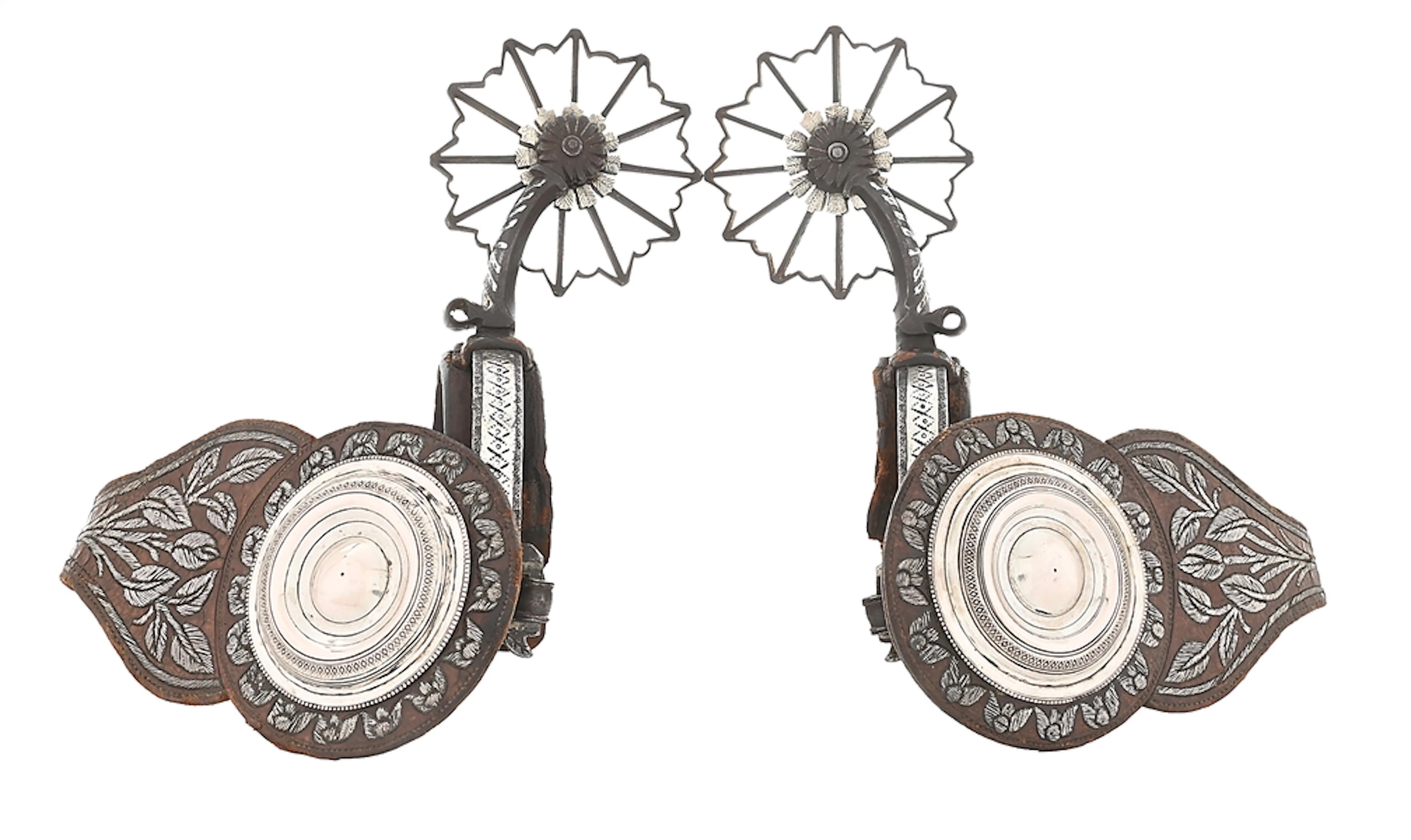FINELY EXECUTED MEXICAN COLONIAL SILVER MOUNTED SPURS