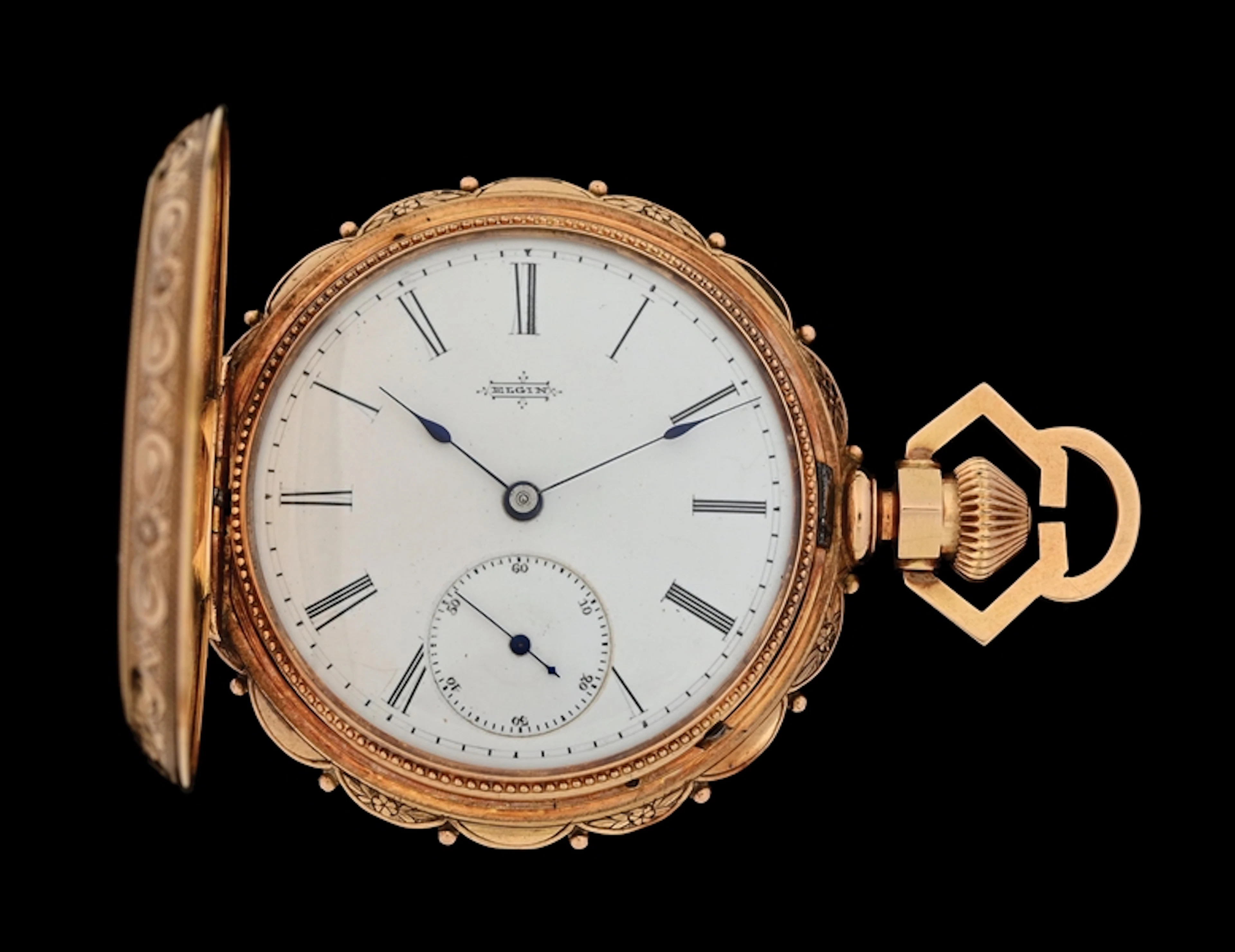 14K YELLOW GOLD ELGIN SCALLOPED H/C POCKET WATCH W/FANCY BOW