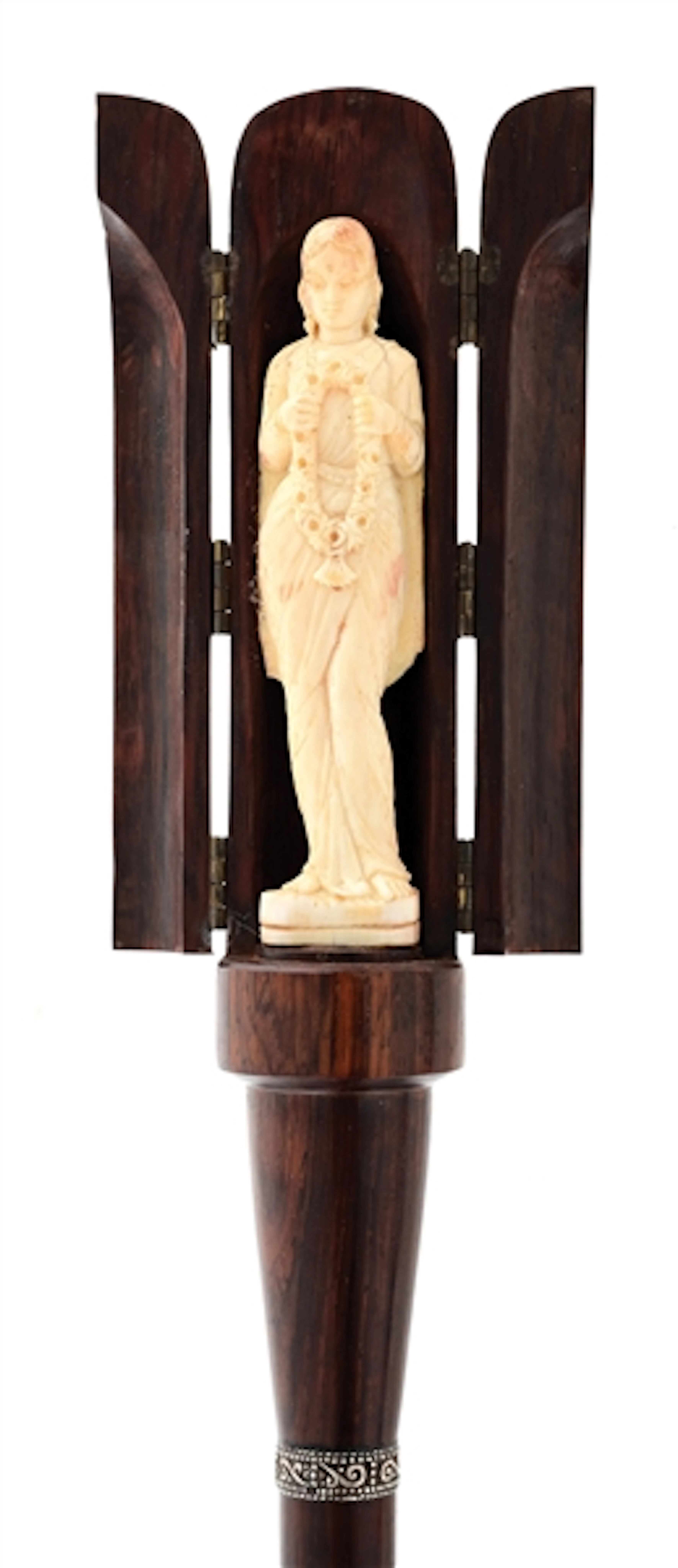 ANTIQUE WALKING STICK WITH ENCLOSED HAND CARVED IVORY TRAVEL-SHRINE HANDLE