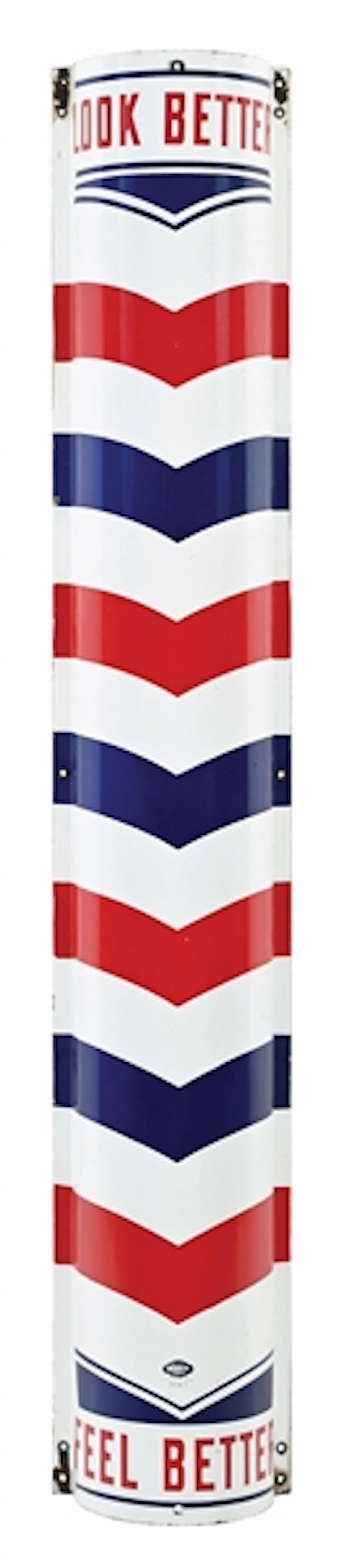 WILLIAM MARVY CO. LOOK BETTER FEEL BETTER CURVED PORCELAIN BARBER POLE SIGN
