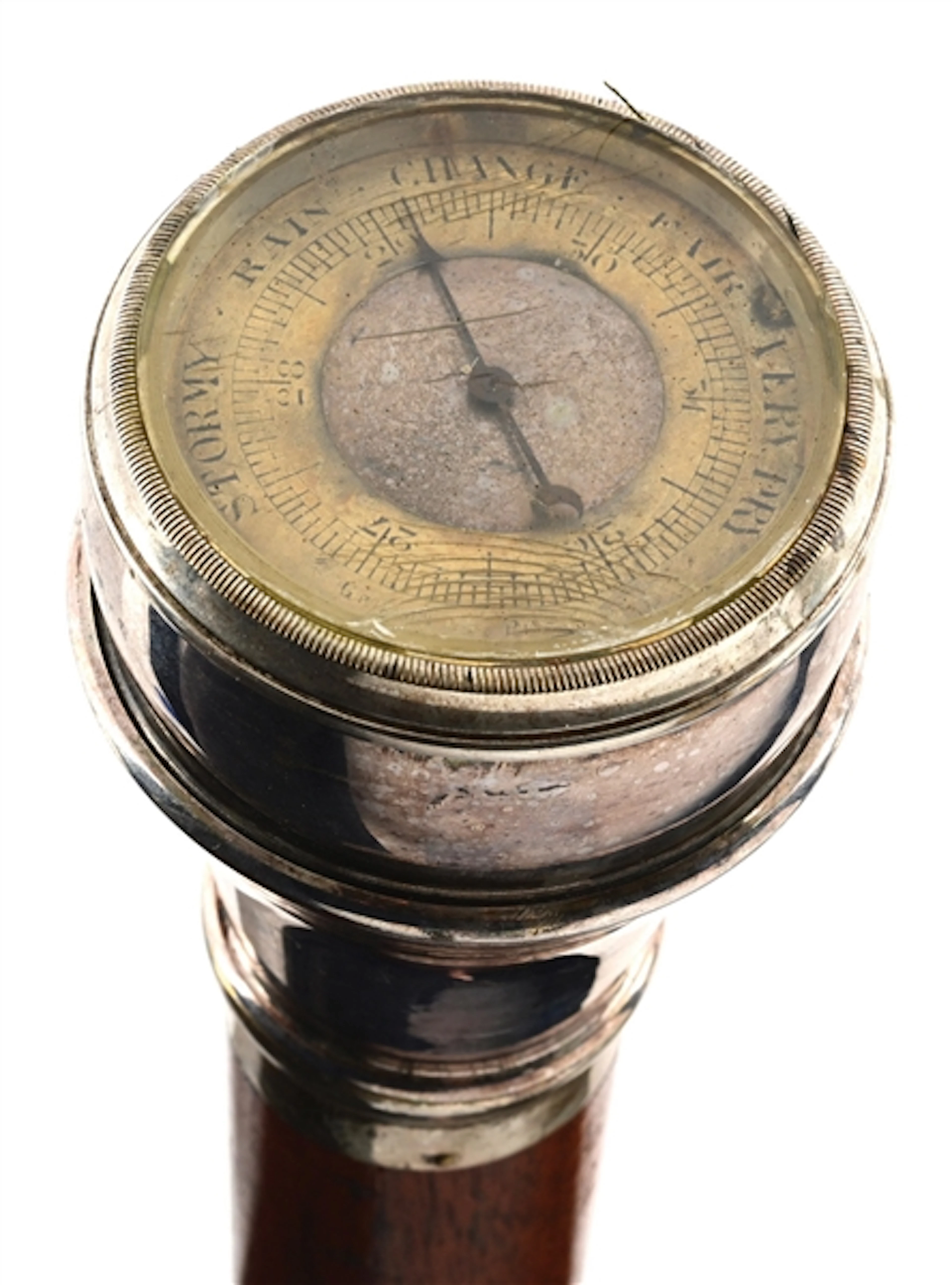 ANTIQUE BAROMETER HANDLE WALKING STICK WITH THICK WOOD SHAFT