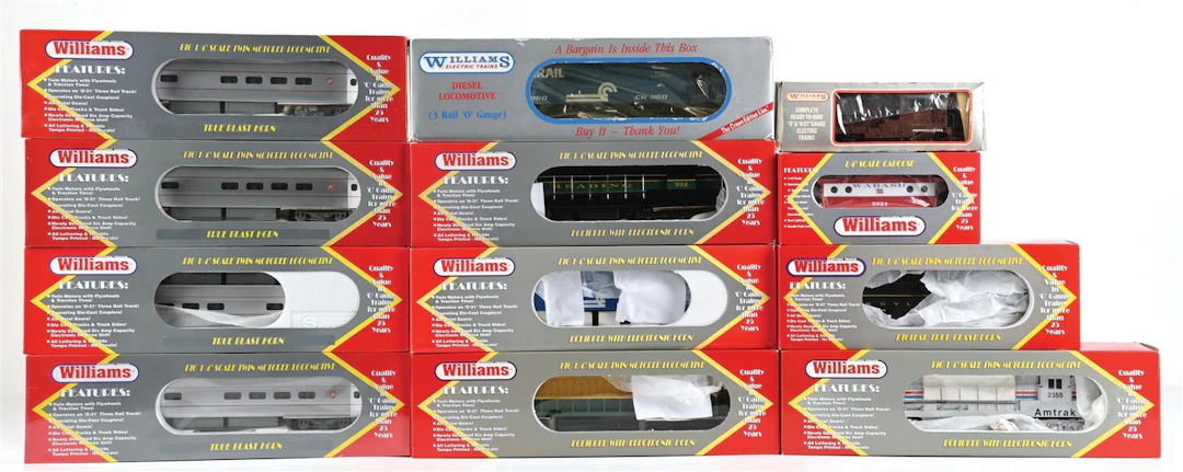 LOT OF 10: WILLIAMS 0-GA. DIESEL AND ELECTRIC LOCOMOTIVES IN BOXES