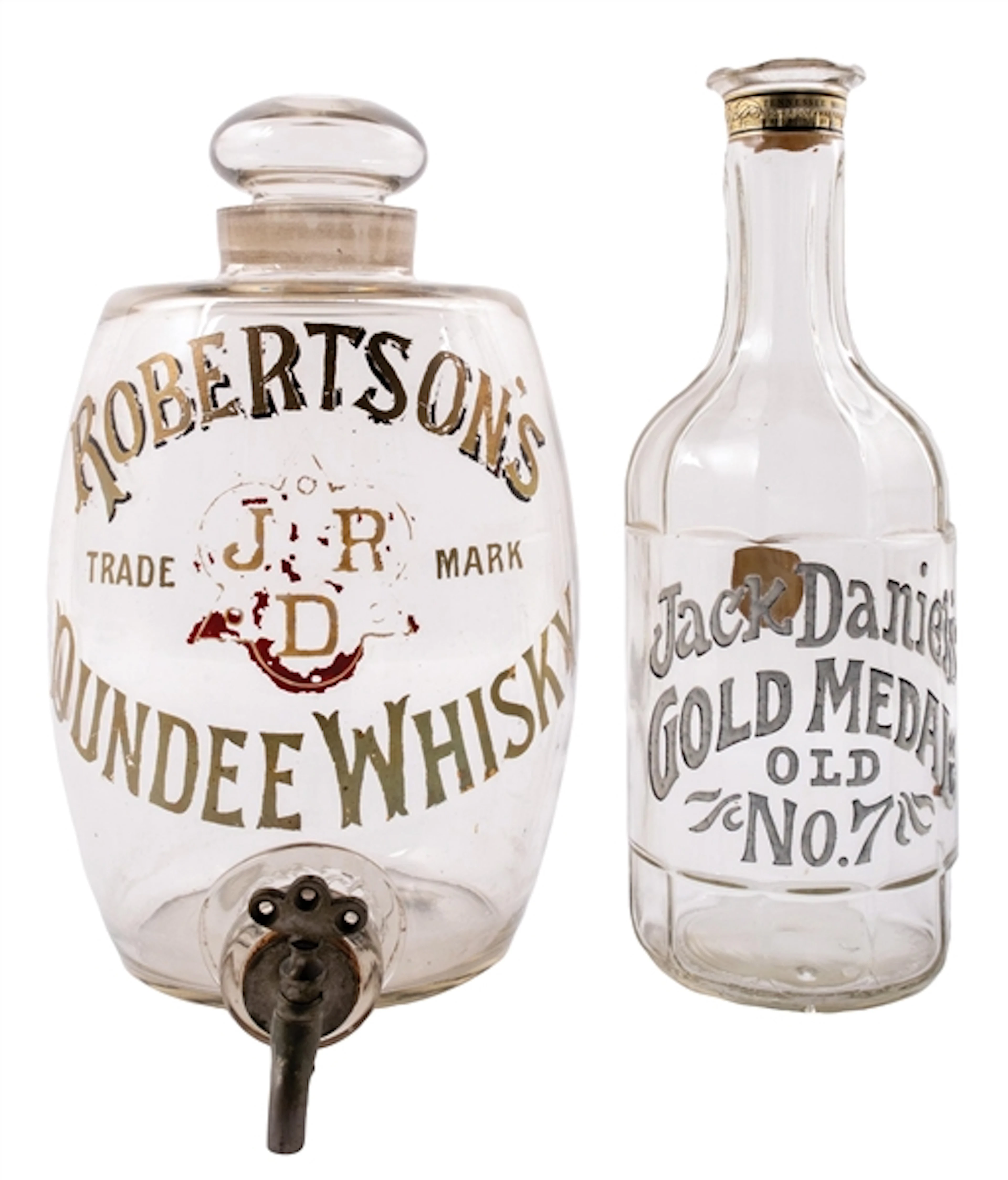 COLLECTION OF 2 CLEAR GLASS ROBERTSON'S WHISKEY DISPENSER AND JACK