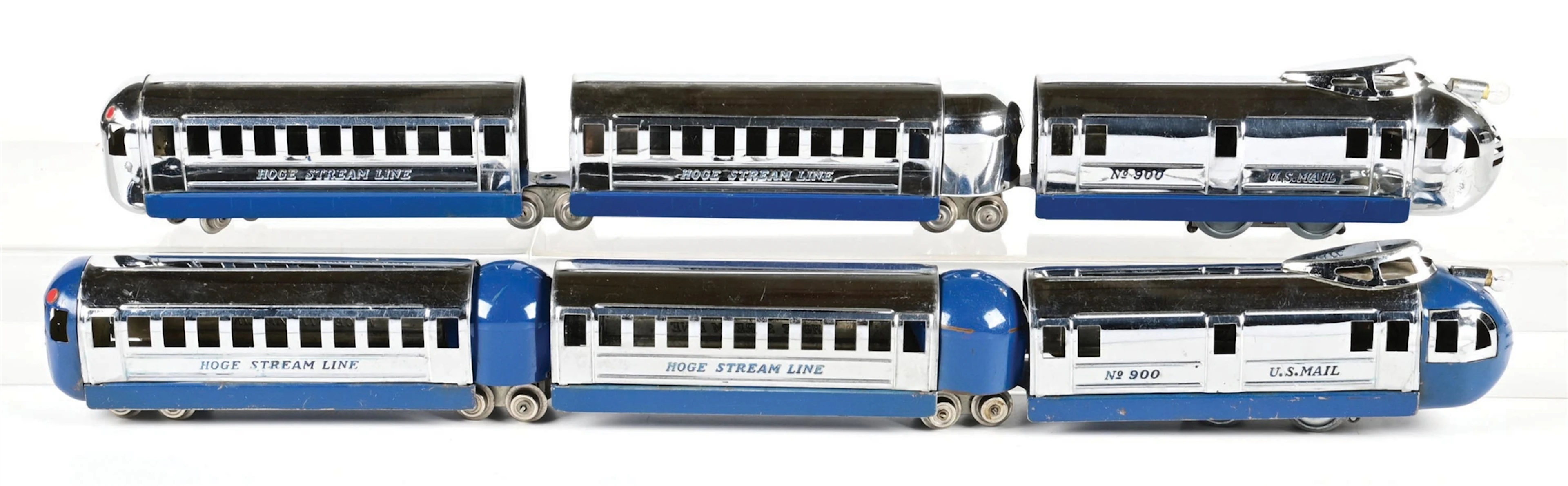 LOT OF 2: PRE-WAR HOGE O-GA. NO. 900 US MAIL STREAMLINE PASSENGER TRAIN SETS
