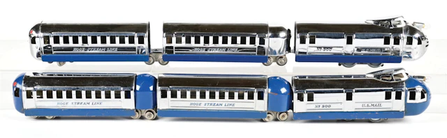 LOT OF 2: PRE-WAR HOGE O-GA. NO. 900 US MAIL STREAMLINE PASSENGER TRAIN SETS