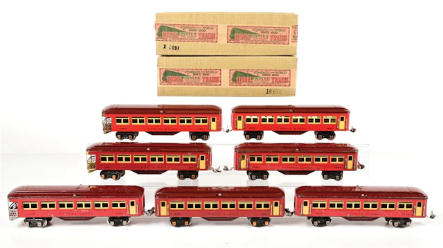 LOT OF 7: PRE-WAR LIONEL O-GA. NO. 1685 & 1687 TWO-TONE RED PASSENGER
