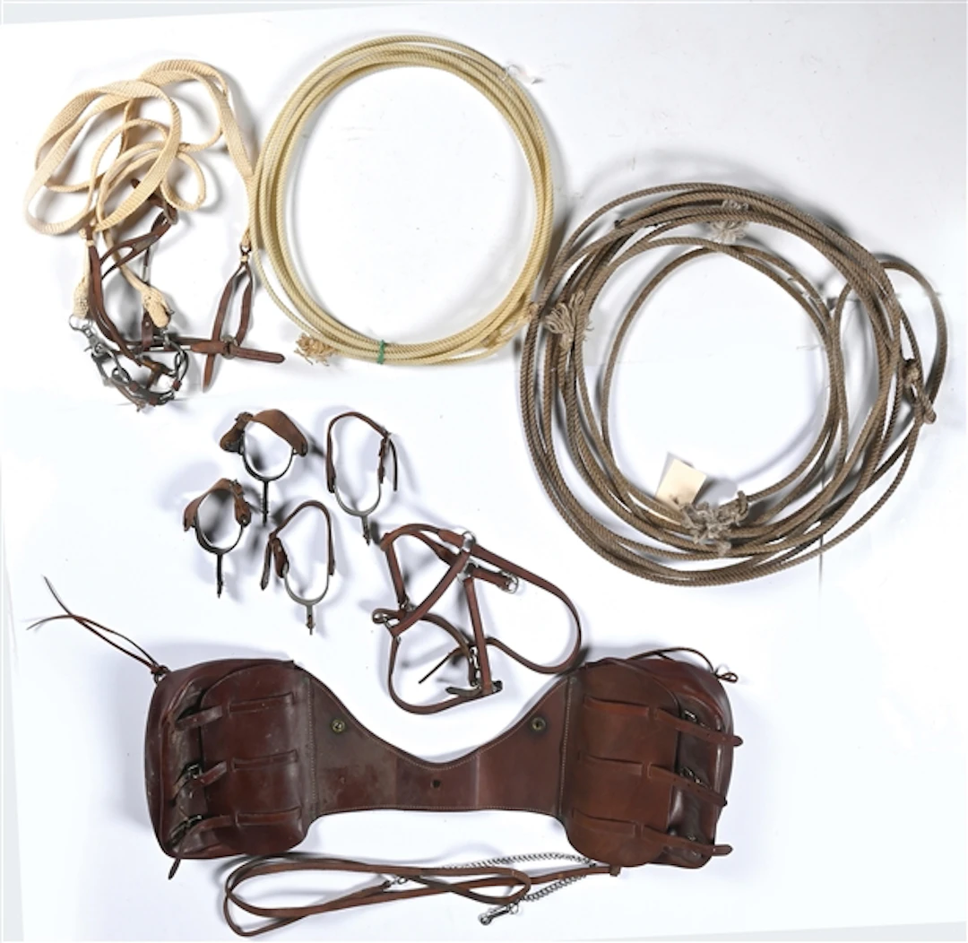 LOT OF 7: VARIOUS ROPES, SPURS, BRIDLES AND SADDLE BAGS