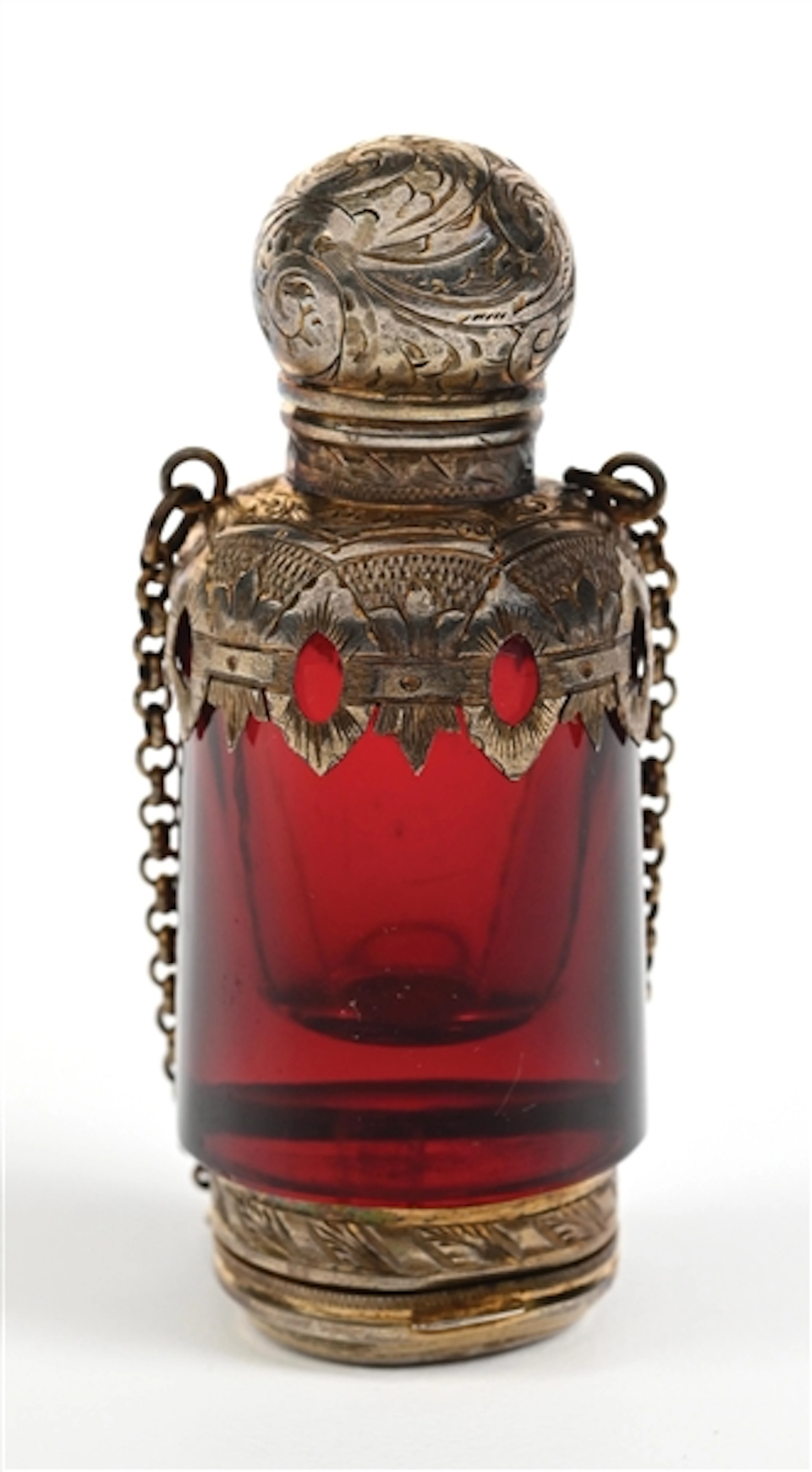 RUBY RED GLASS & SILVER GILT SCENT BOTTLE/VINAIGRETTE