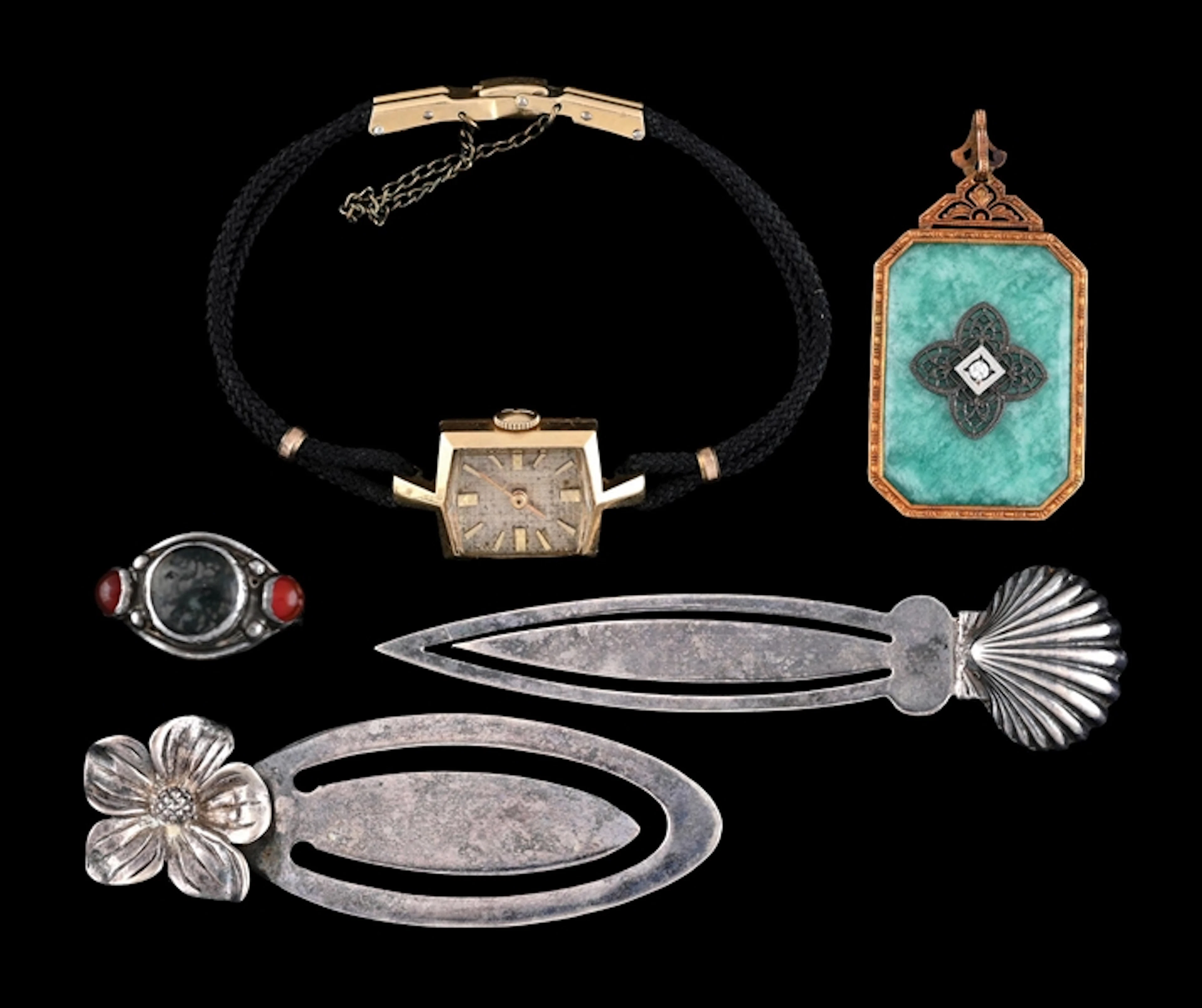 COLLECTION OF 5: STERLING SILVER JEWELRY, BOOKMARKS AND WATCH